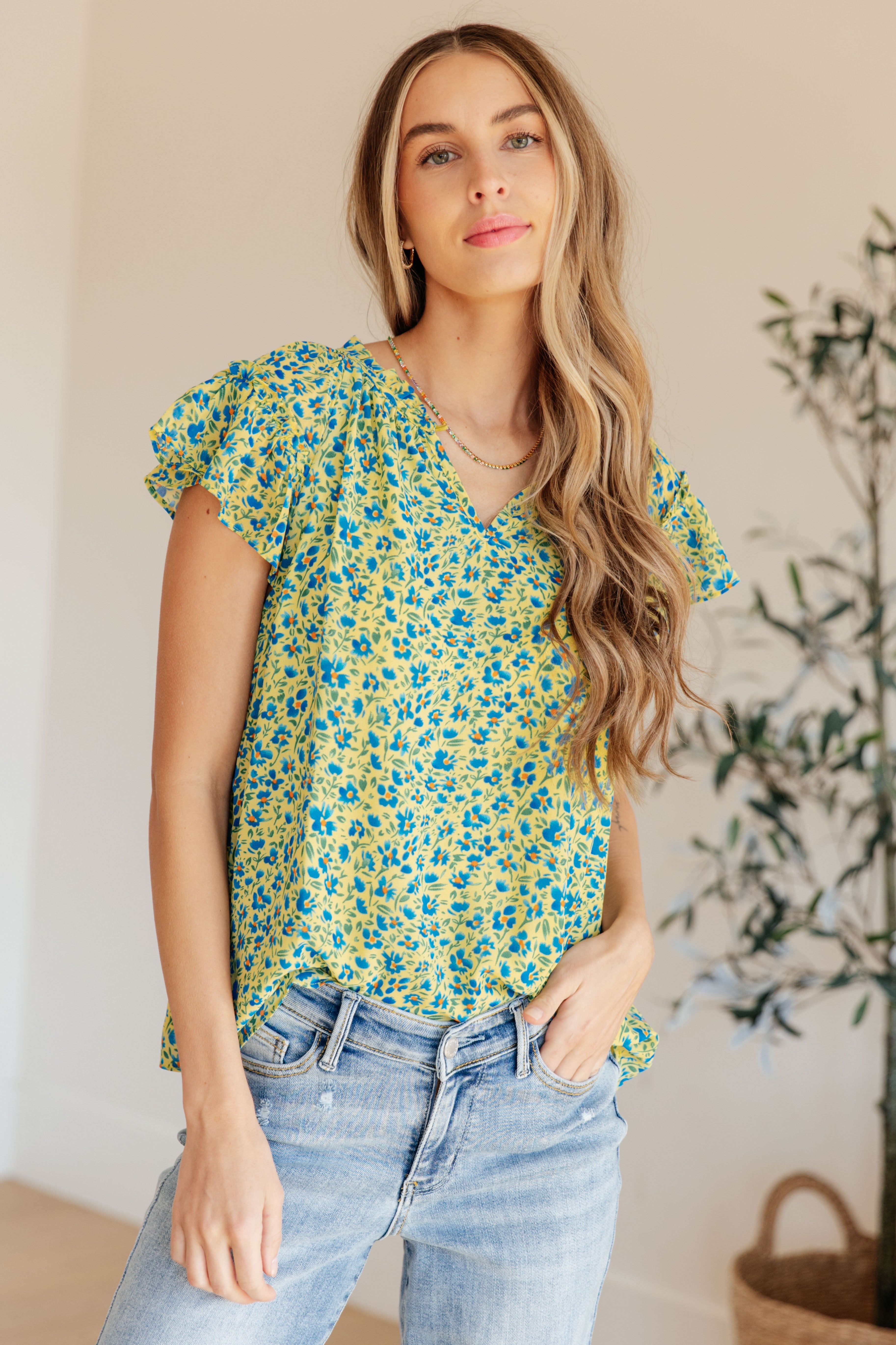 Anywhere We Go Flutter Sleeve Top in Blue Combo Womens Ave Shops   
