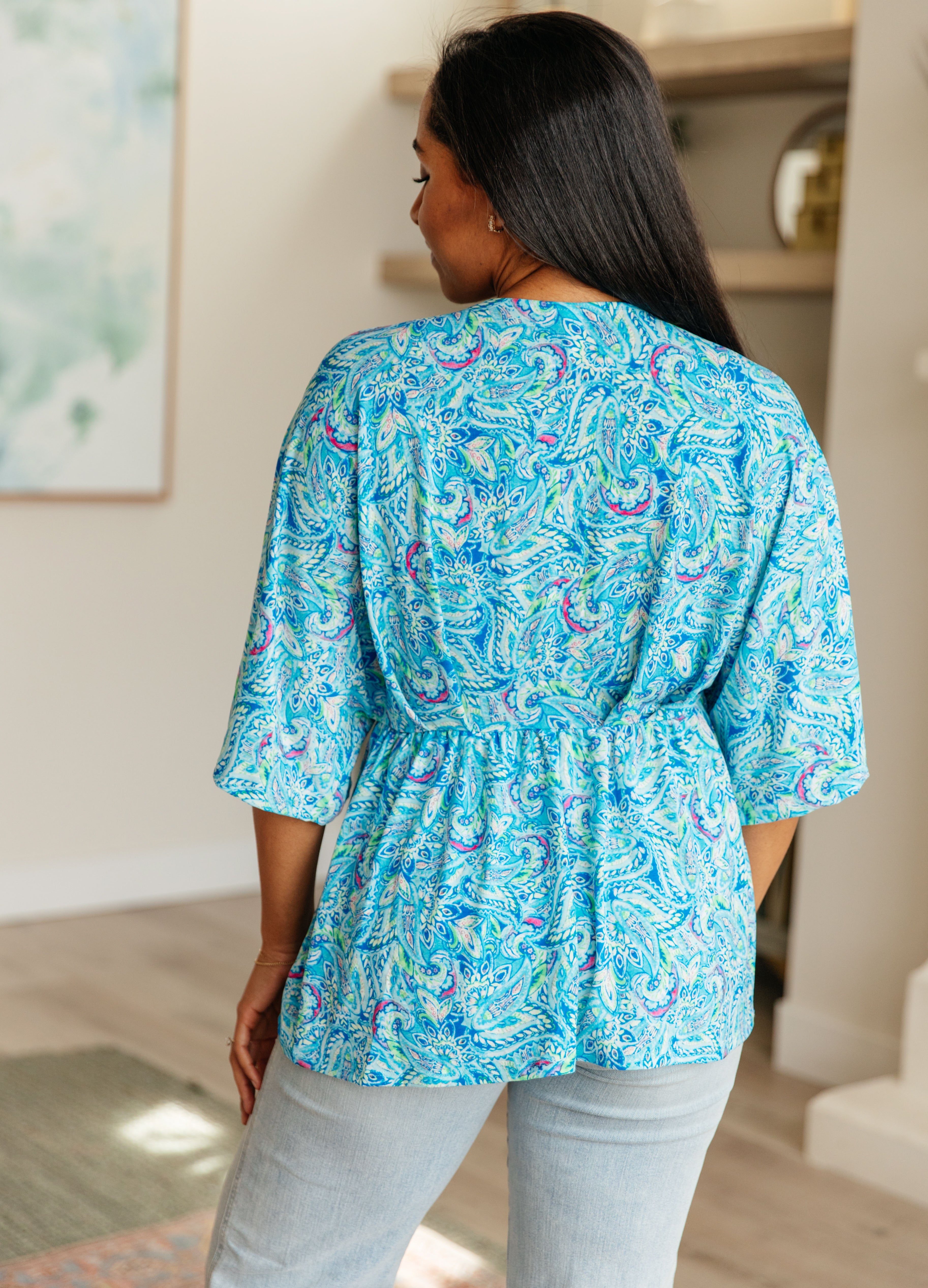 Dreamer Peplum Top in Blue and Teal Paisley Tops Ave Shops   