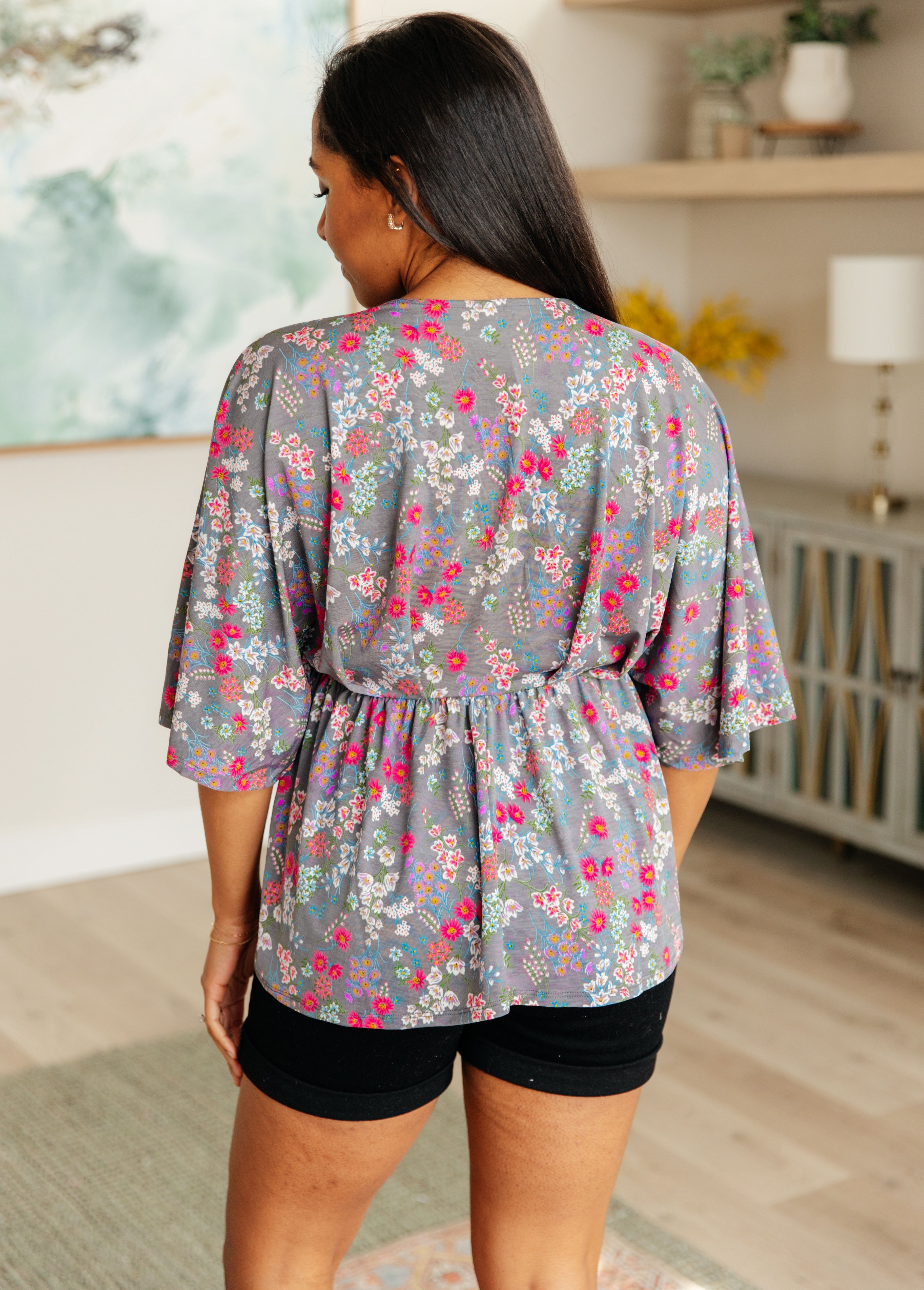 Dreamer Peplum Top in Grey and Pink Floral Tops Ave Shops   
