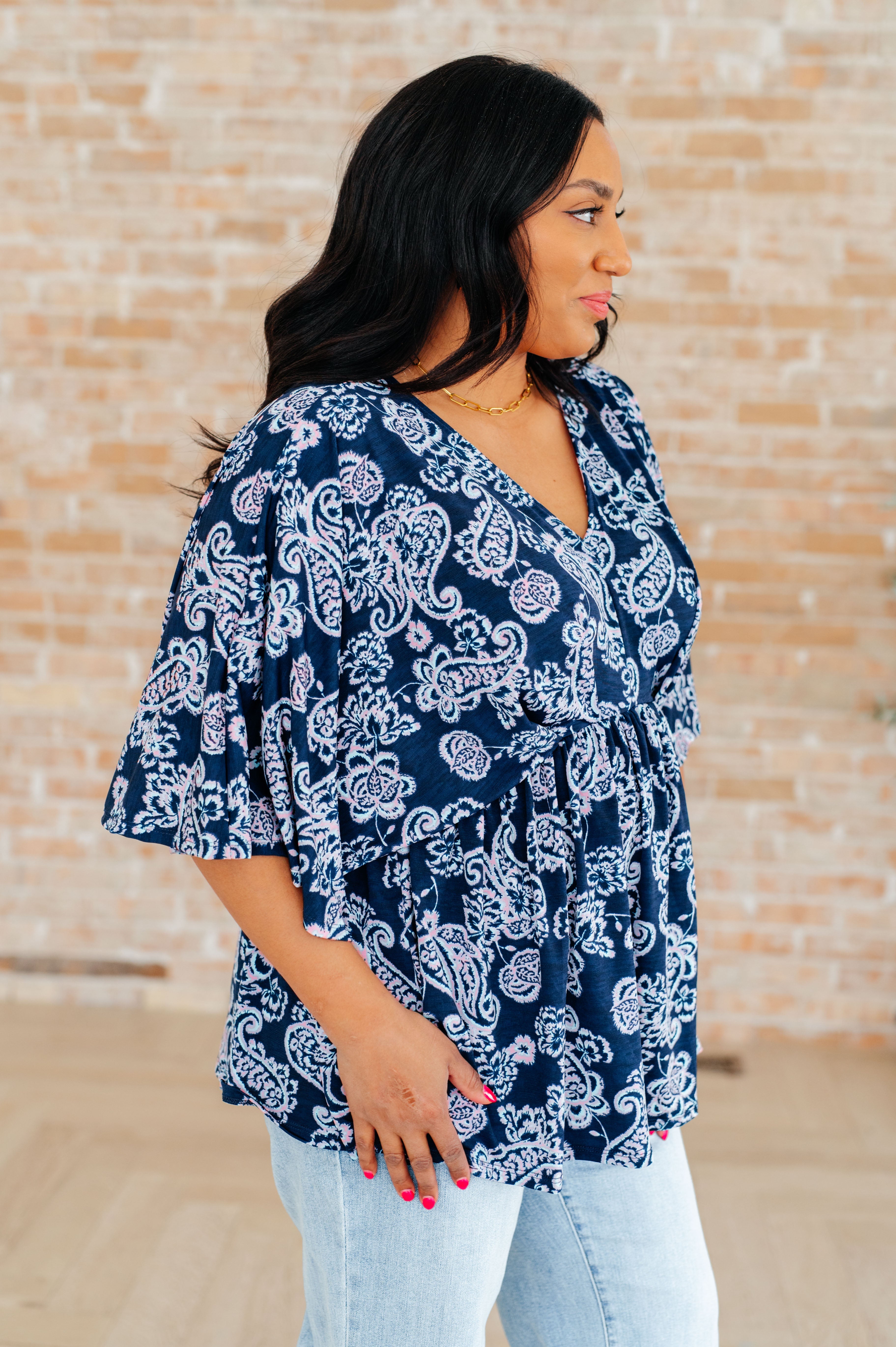 Dreamer Peplum Top in Navy and Pink Paisley Tops Ave Shops   