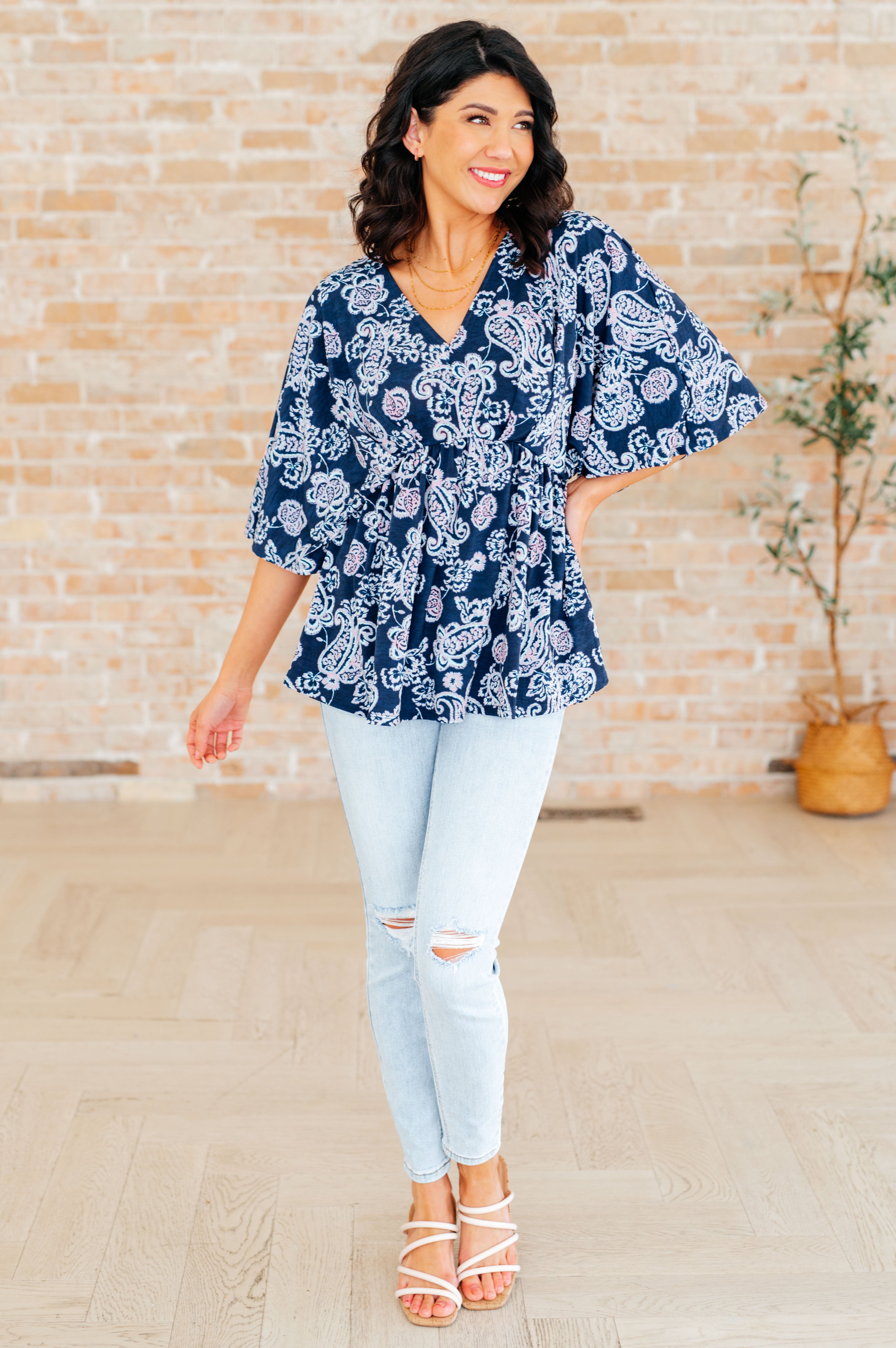 Dreamer Peplum Top in Navy and Pink Paisley Tops Ave Shops   