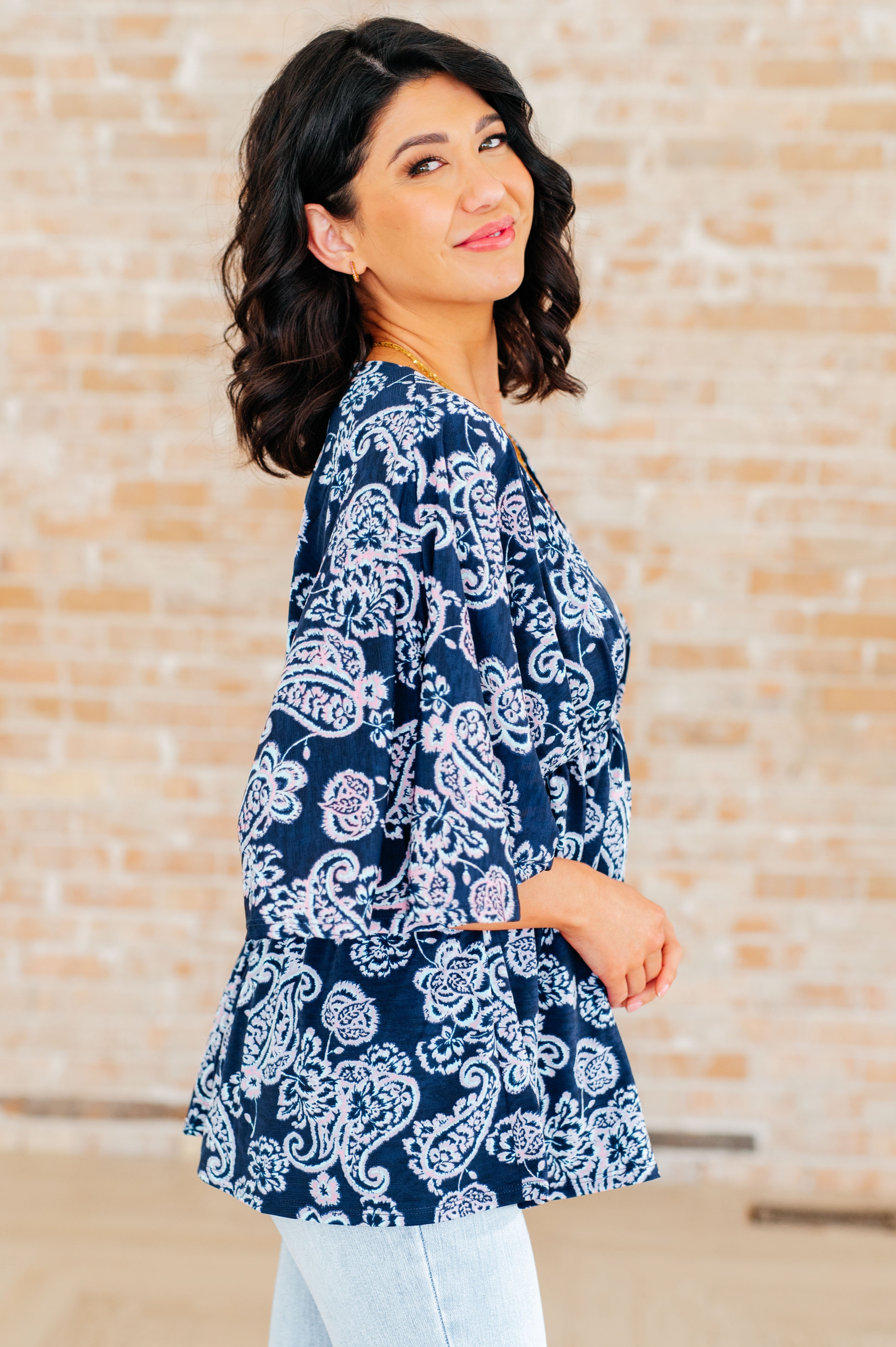 Dreamer Peplum Top in Navy and Pink Paisley Tops Ave Shops   