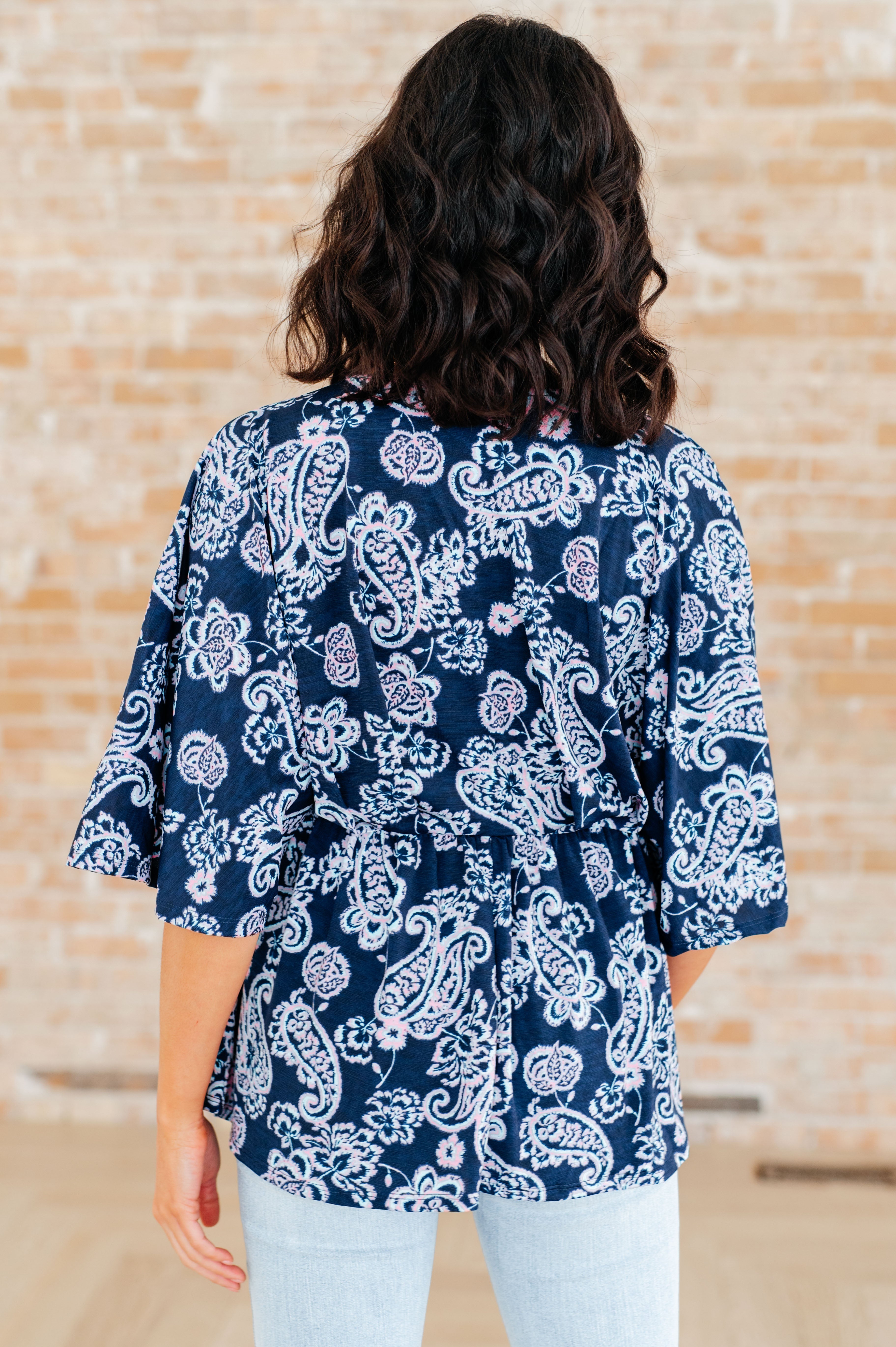 Dreamer Peplum Top in Navy and Pink Paisley Tops Ave Shops   