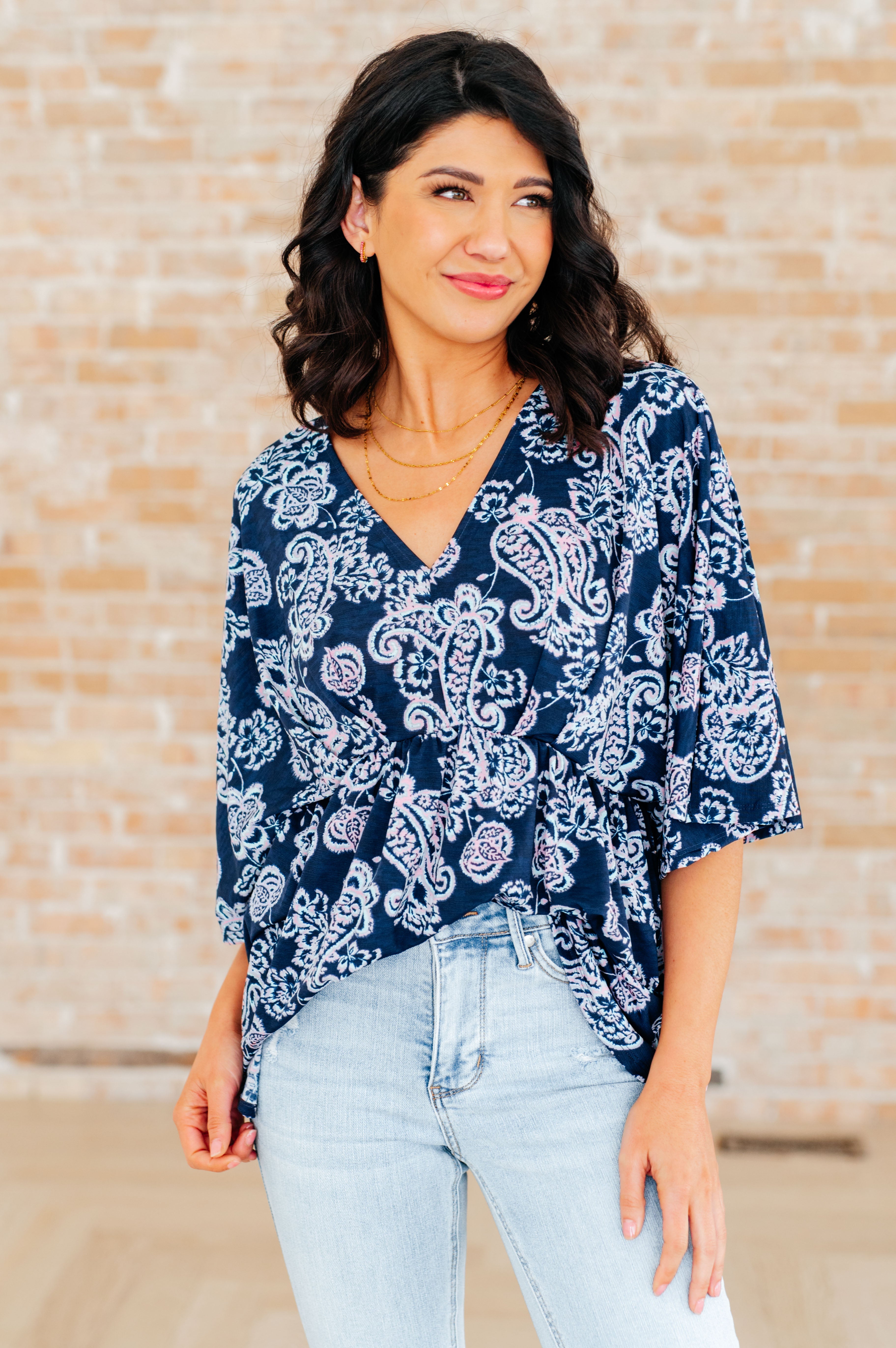 Dreamer Peplum Top in Navy and Pink Paisley Tops Ave Shops   