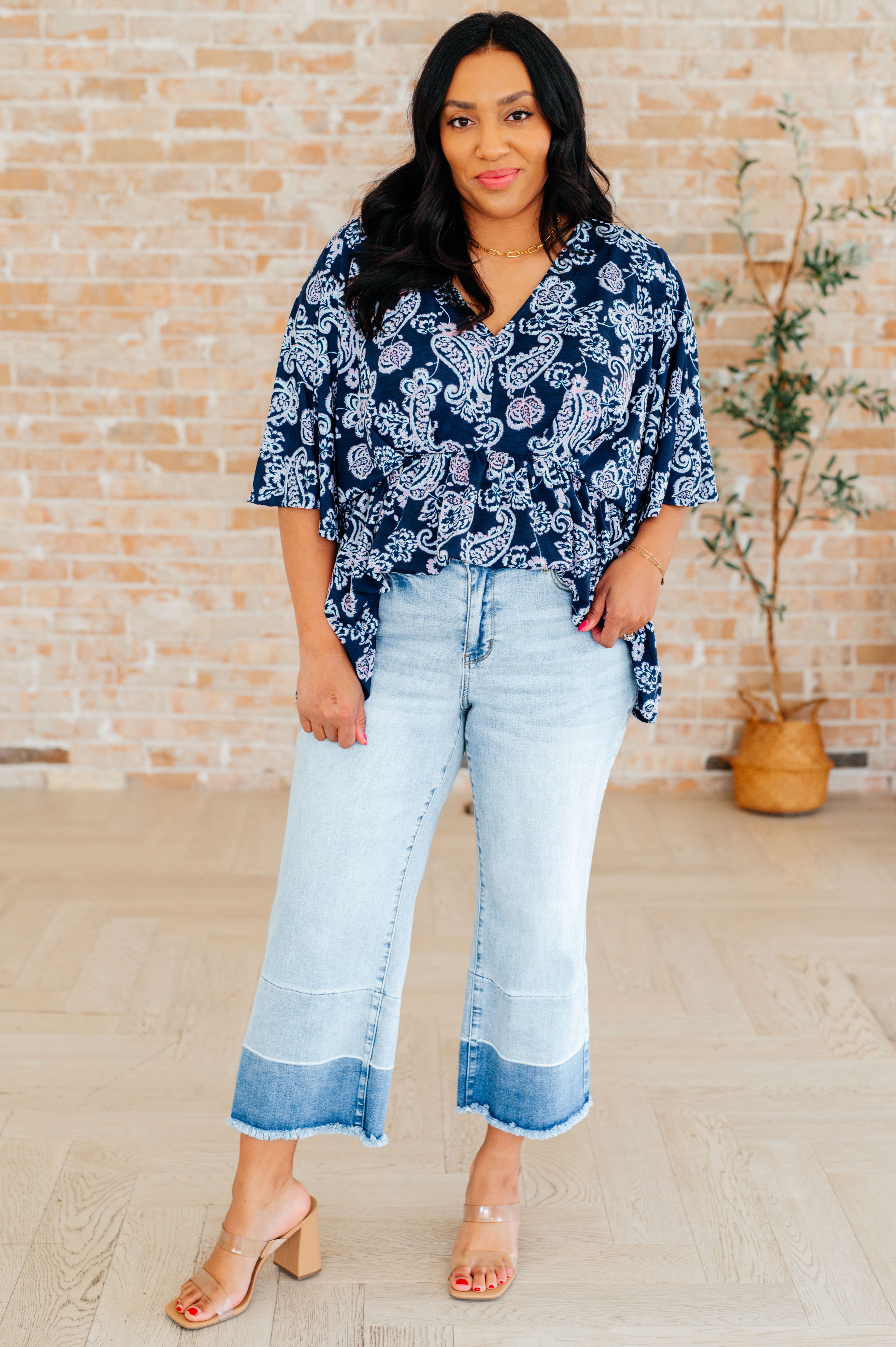 Dreamer Peplum Top in Navy and Pink Paisley Tops Ave Shops   