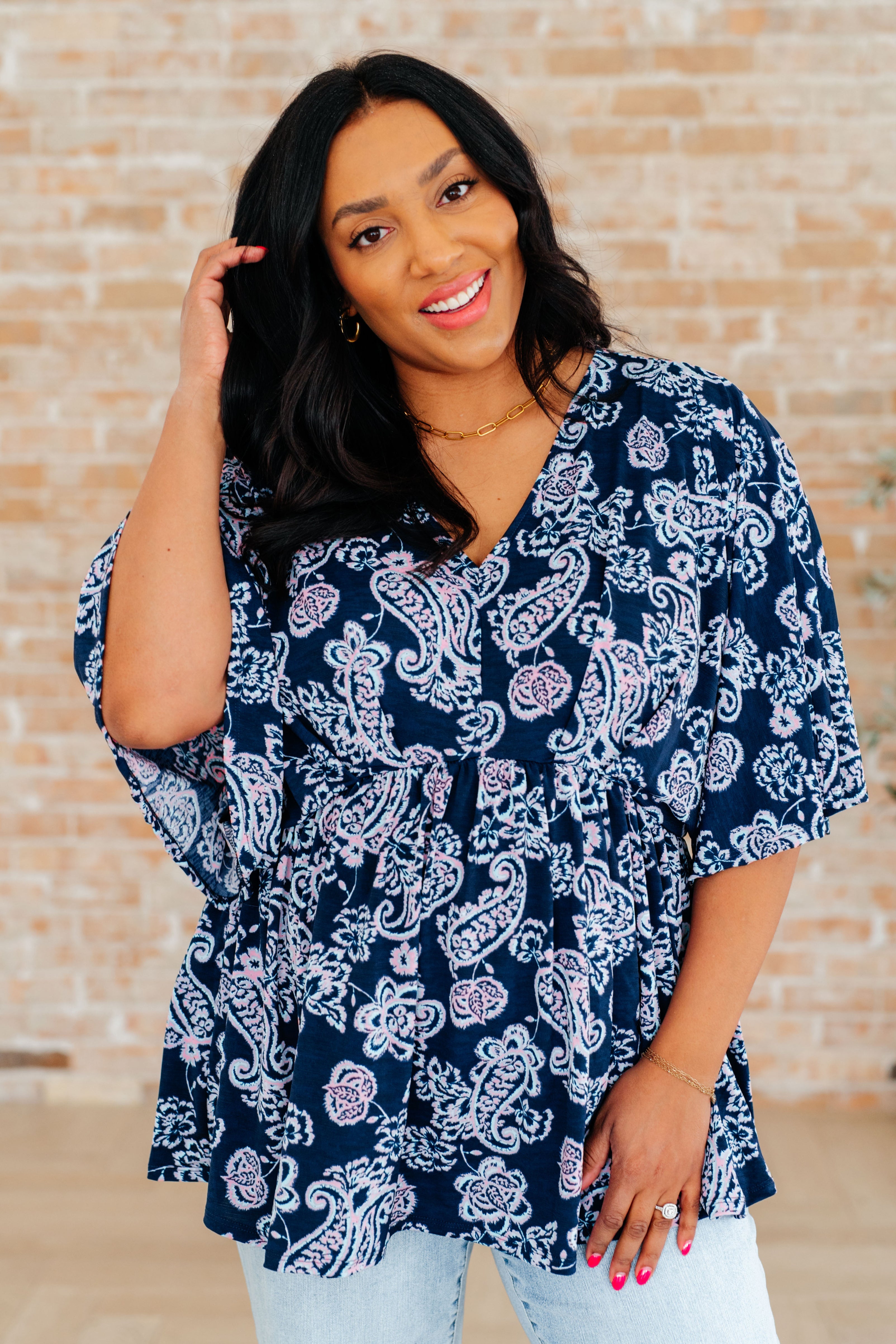 Dreamer Peplum Top in Navy and Pink Paisley Tops Ave Shops   