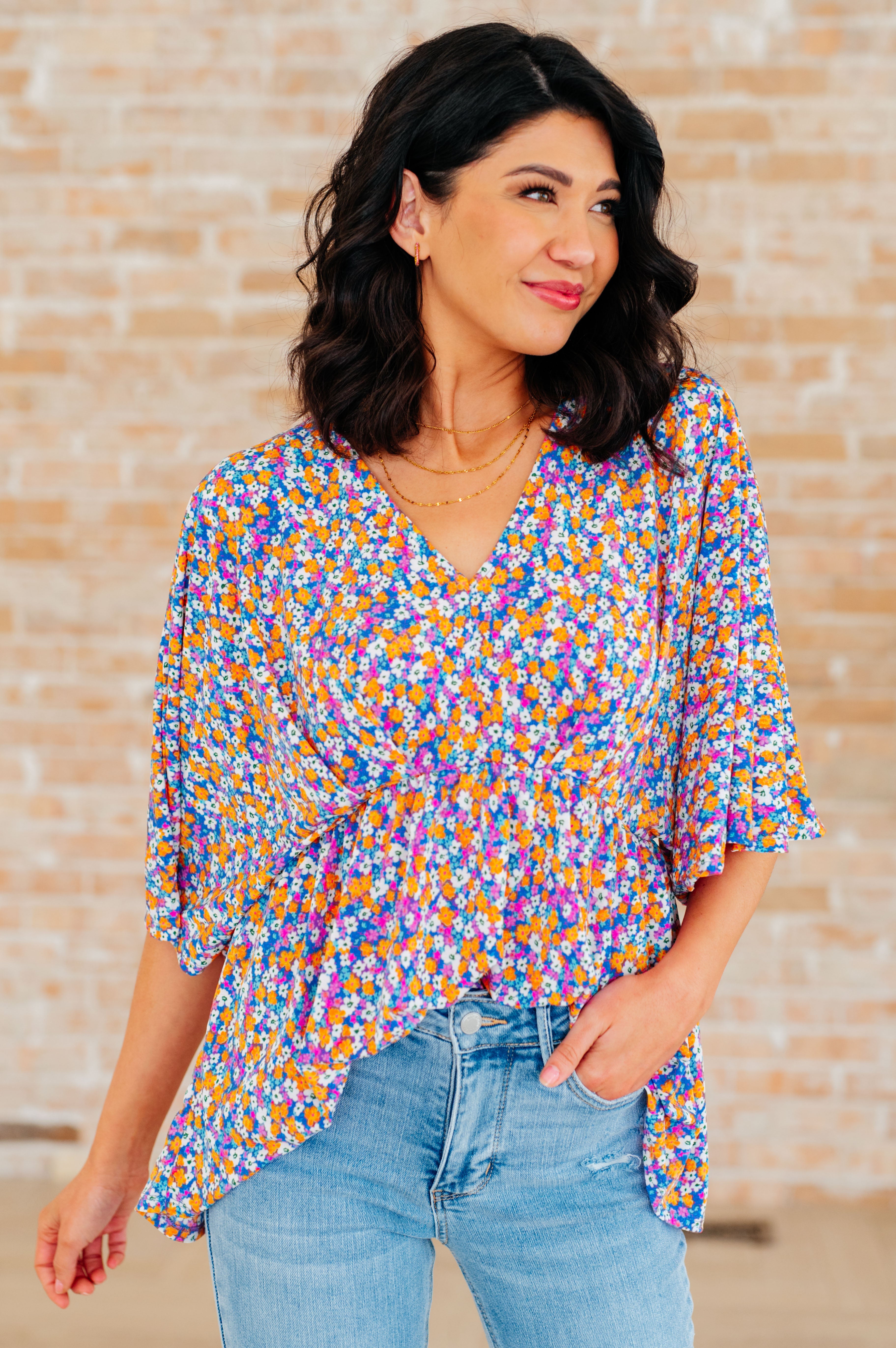 Dreamer Peplum Top in Purple Retro Ditsy Floral Tops Ave Shops   