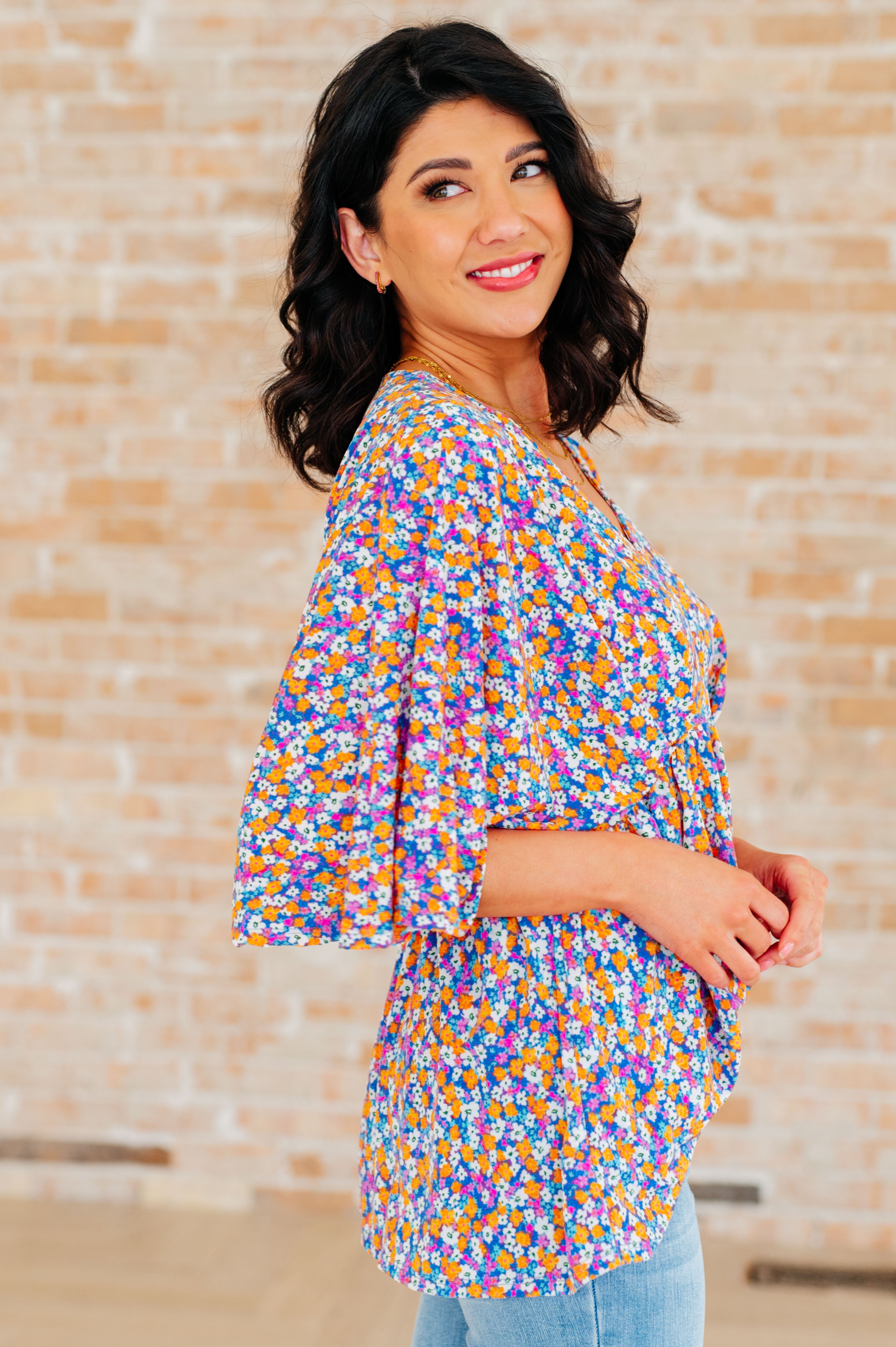 Dreamer Peplum Top in Purple Retro Ditsy Floral Tops Ave Shops   