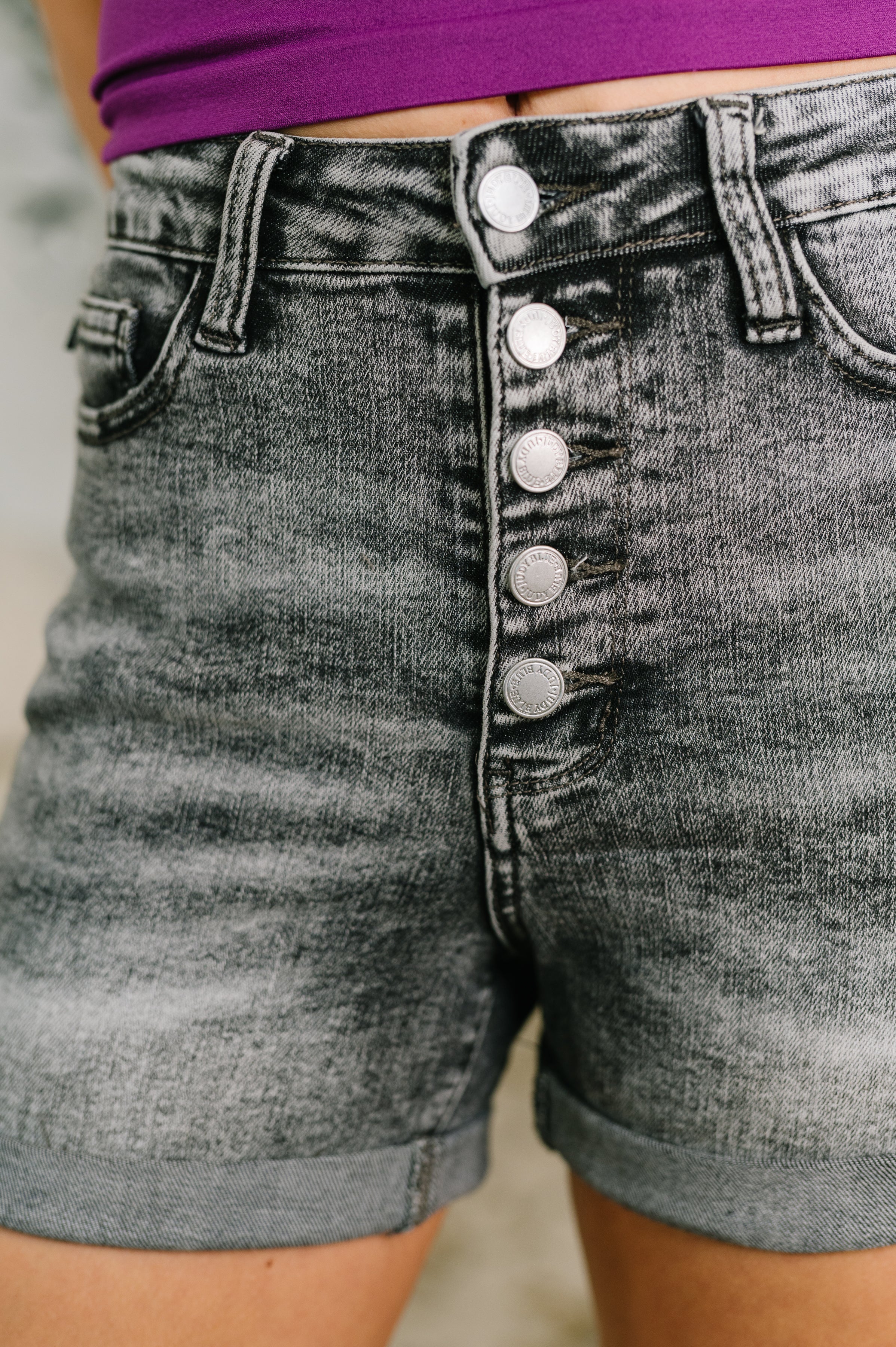 Judy Blue Greyson High Rise Button Fly Cuffed Shorts in Grey