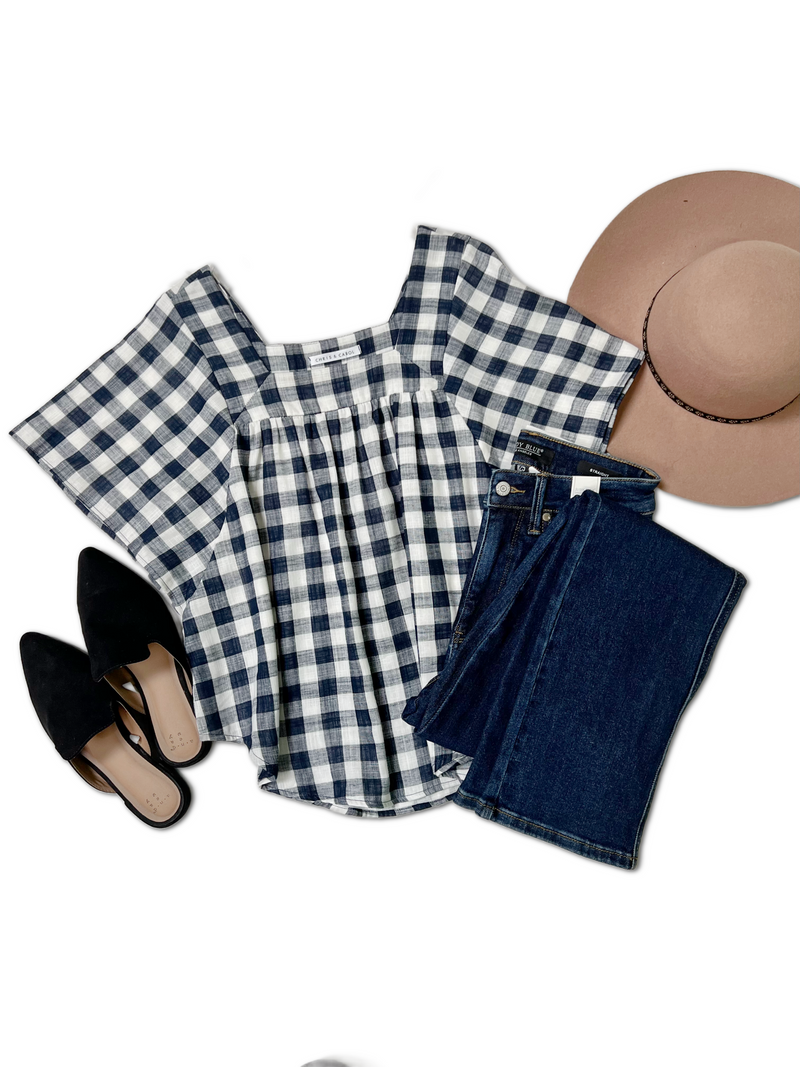 Navy Plaid Short Sleeve Top  OOTD Boutique Simplified   