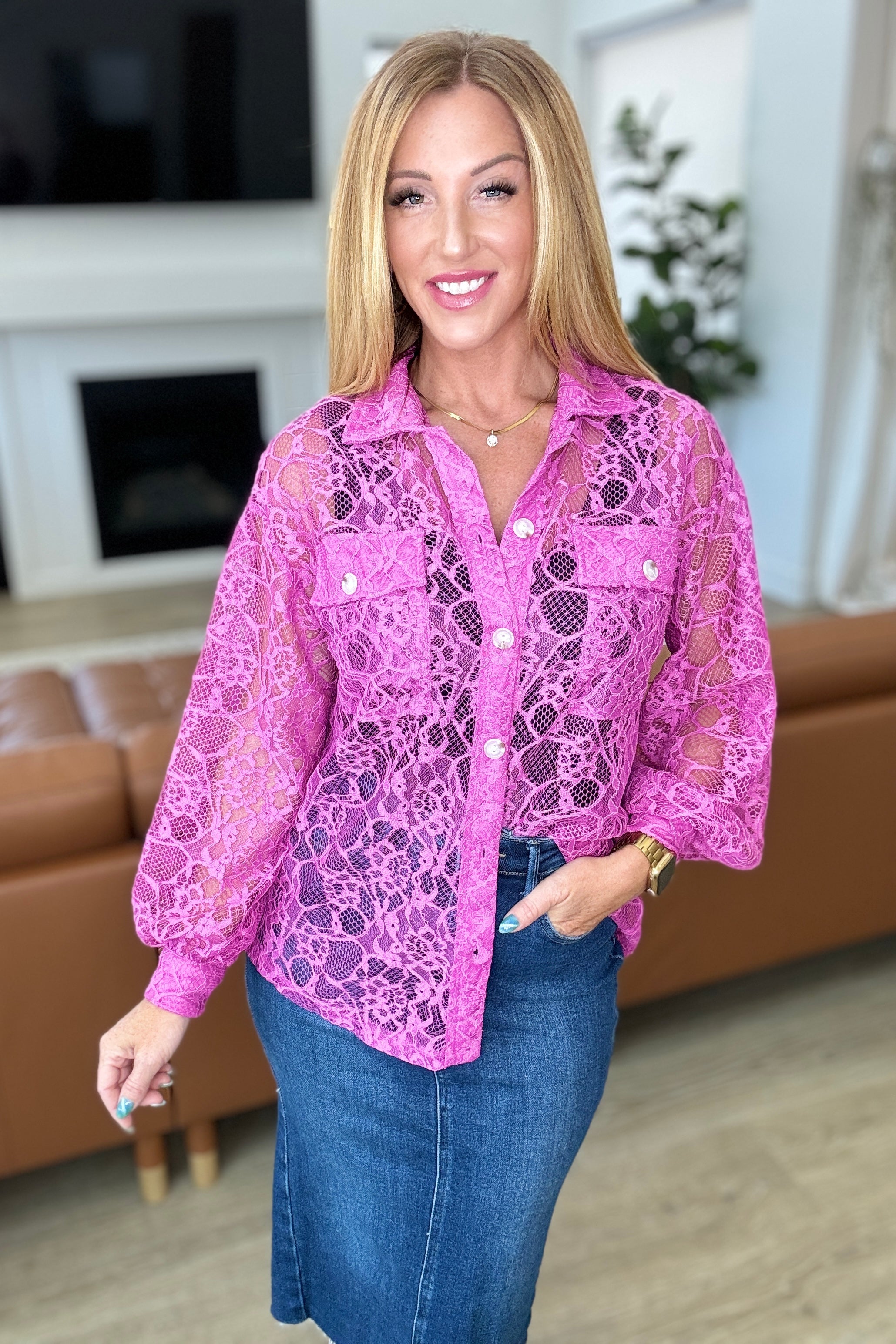 Stick Together Lace Button Up in Magenta Layers Ave Shops   