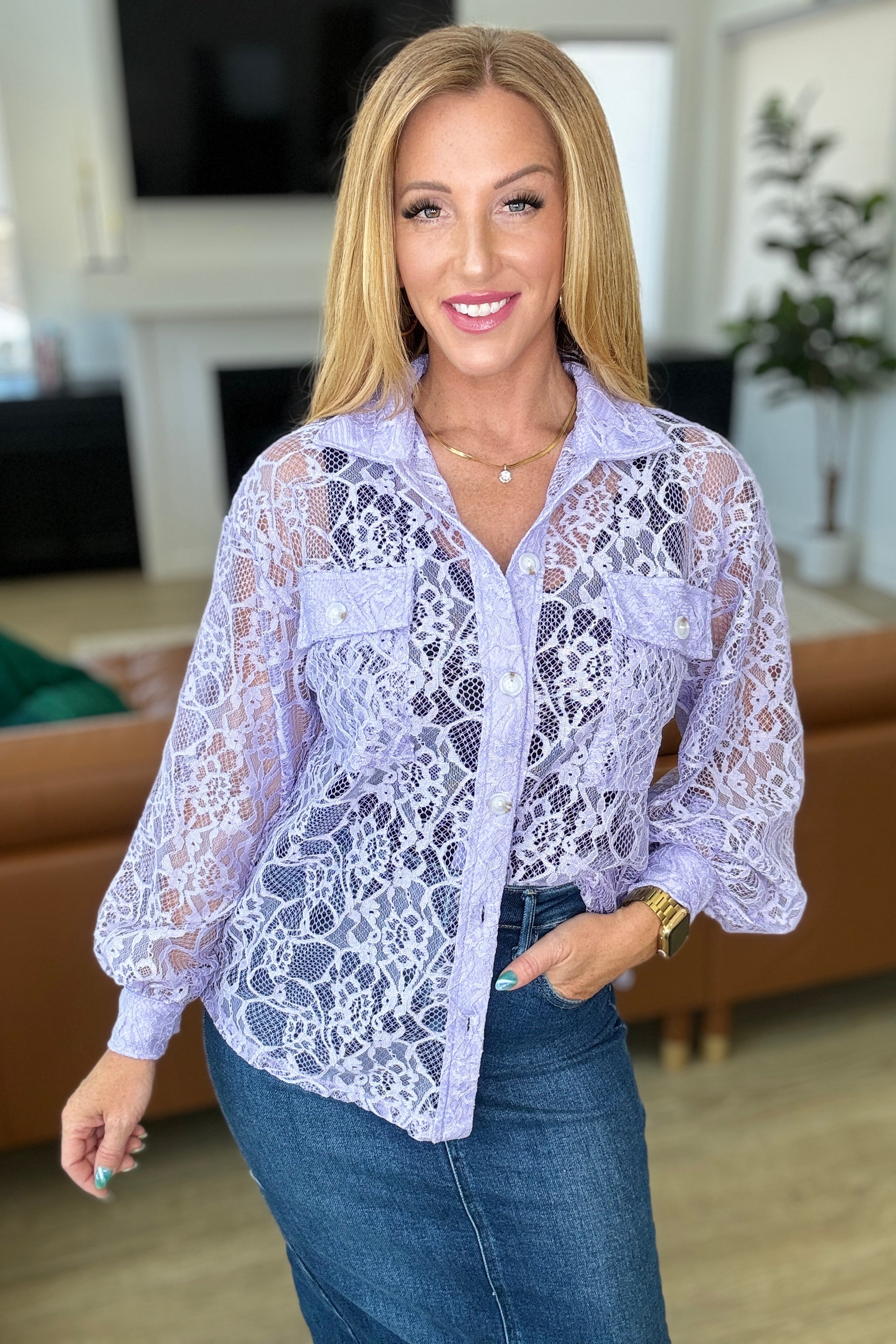 Stick Together Lace Button Up in Lavender Layers Ave Shops   