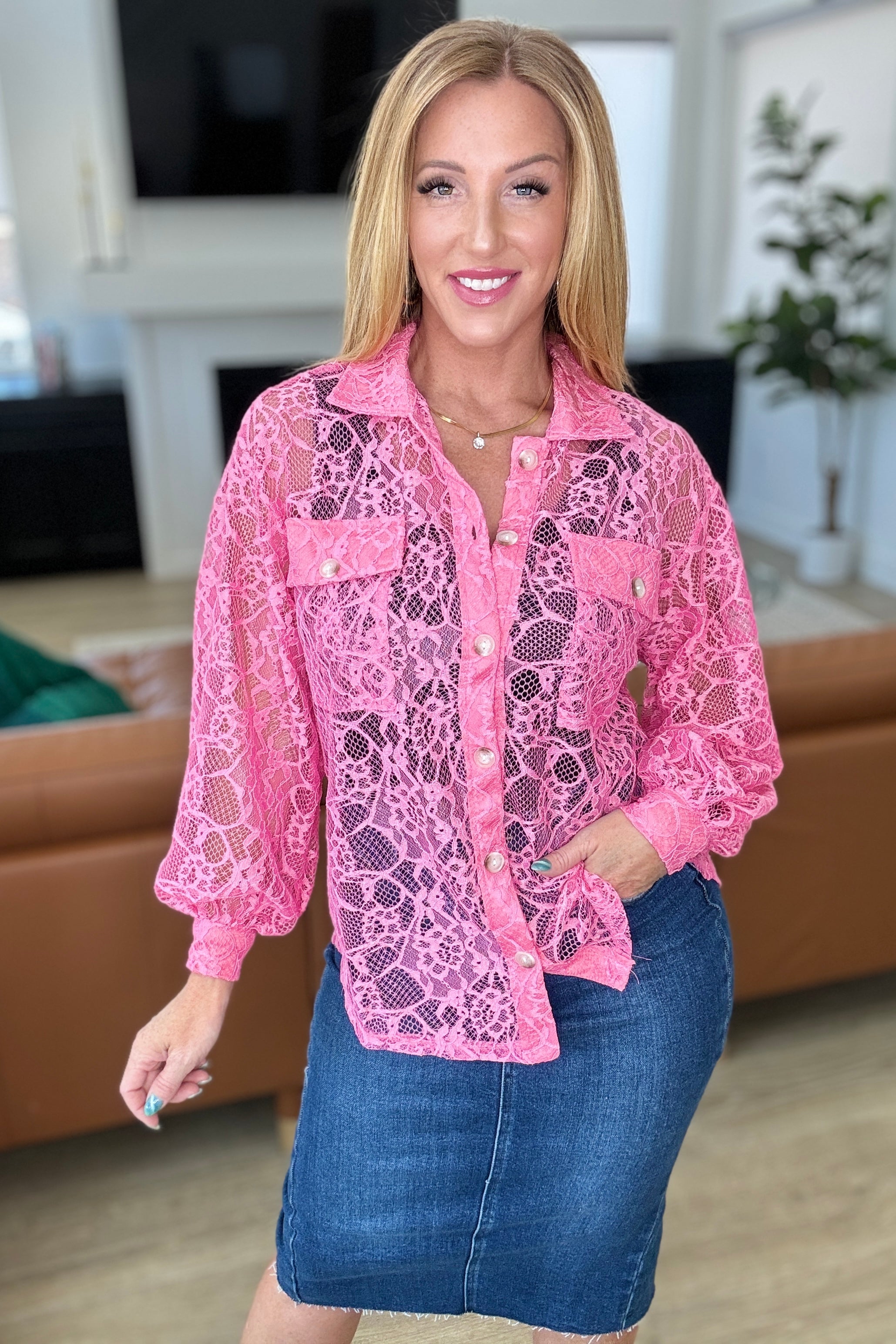 Stick Together Lace Button Up in Pink Cosmos Layers Ave Shops   