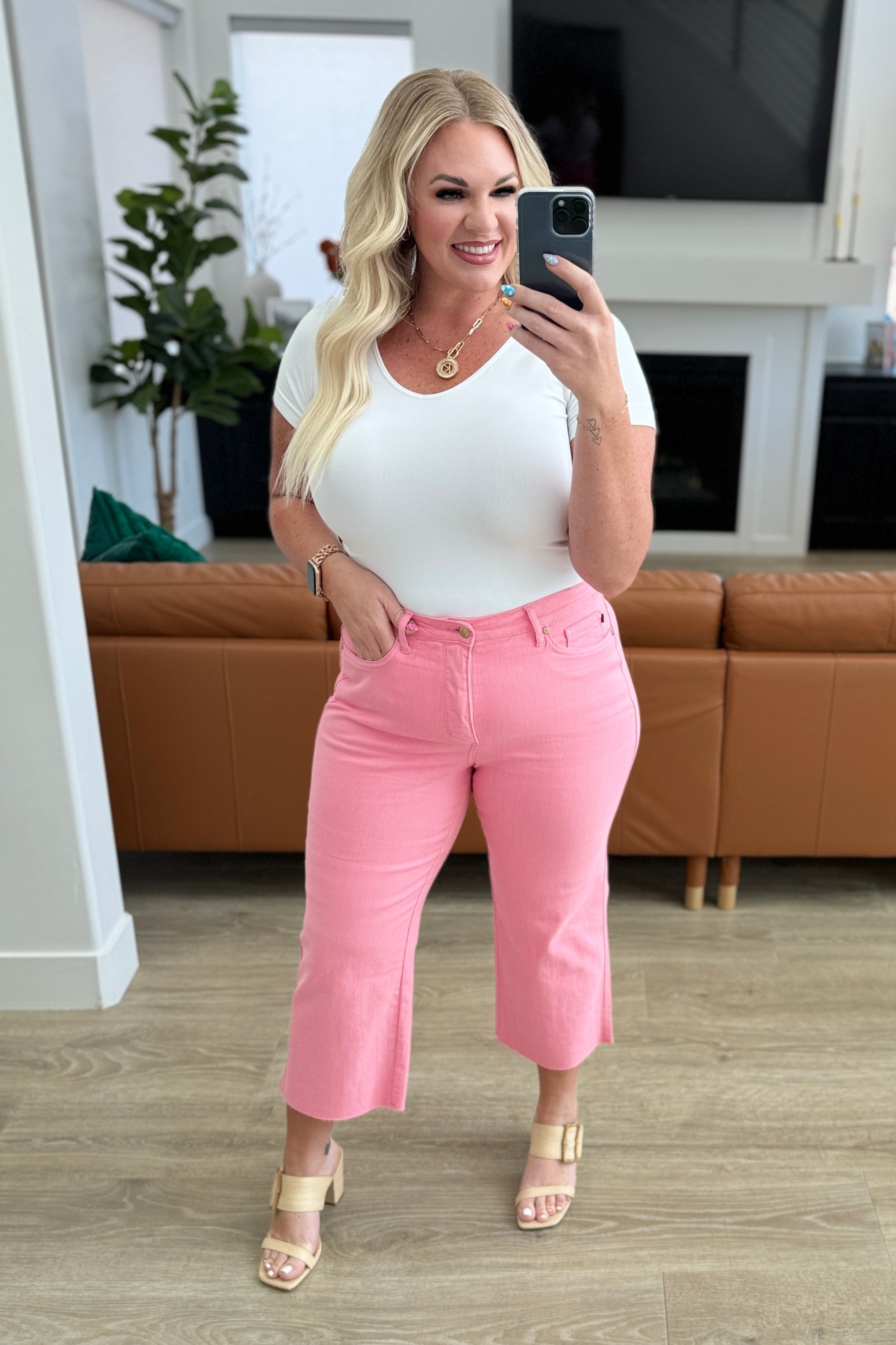 Lisa High Rise Control Top Wide Leg Crop Jeans in Pink Denim Ave Shops   