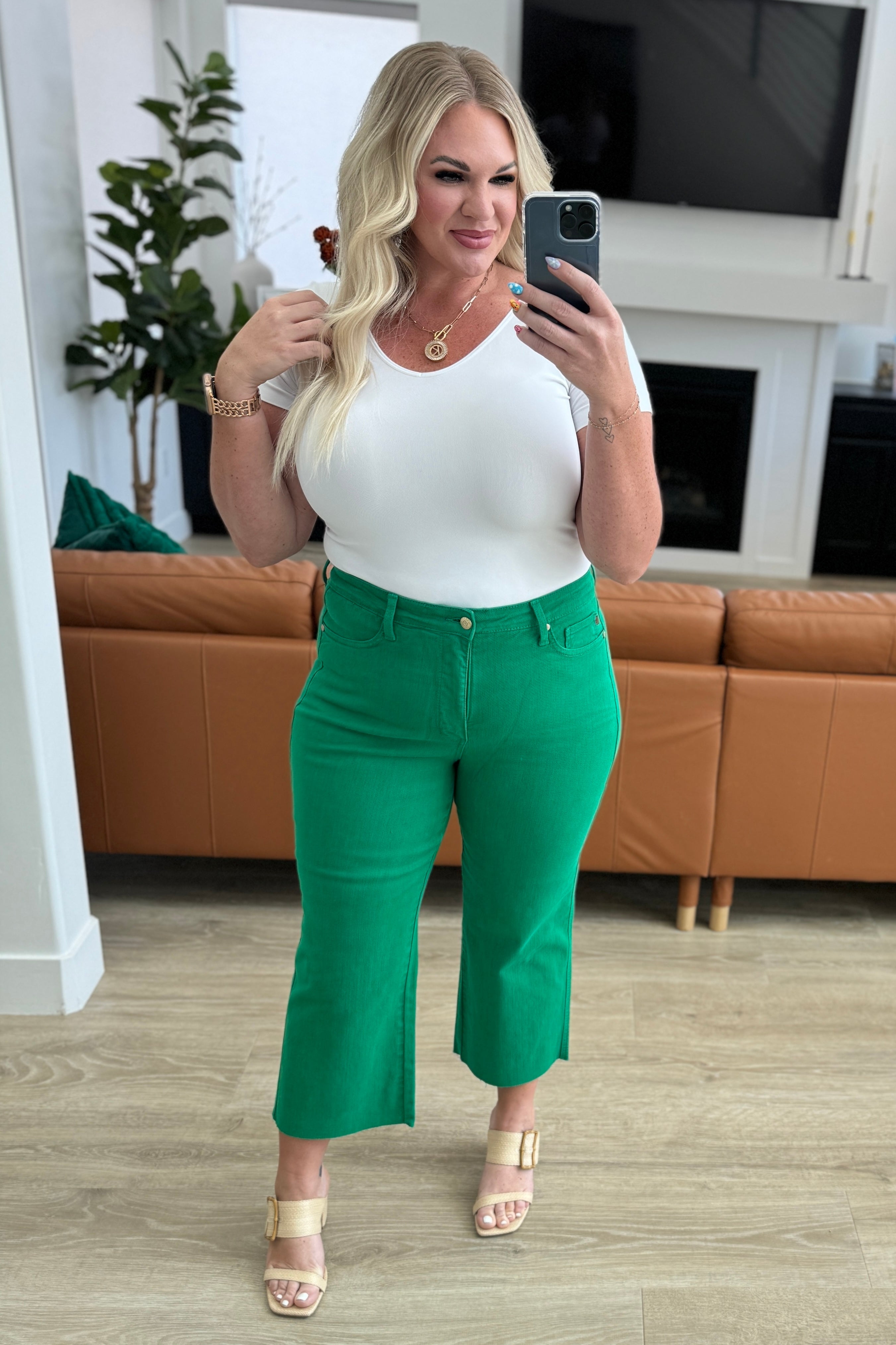 Lisa High Rise Control Top Wide Leg Crop Jeans in Kelly Green Denim Ave Shops   