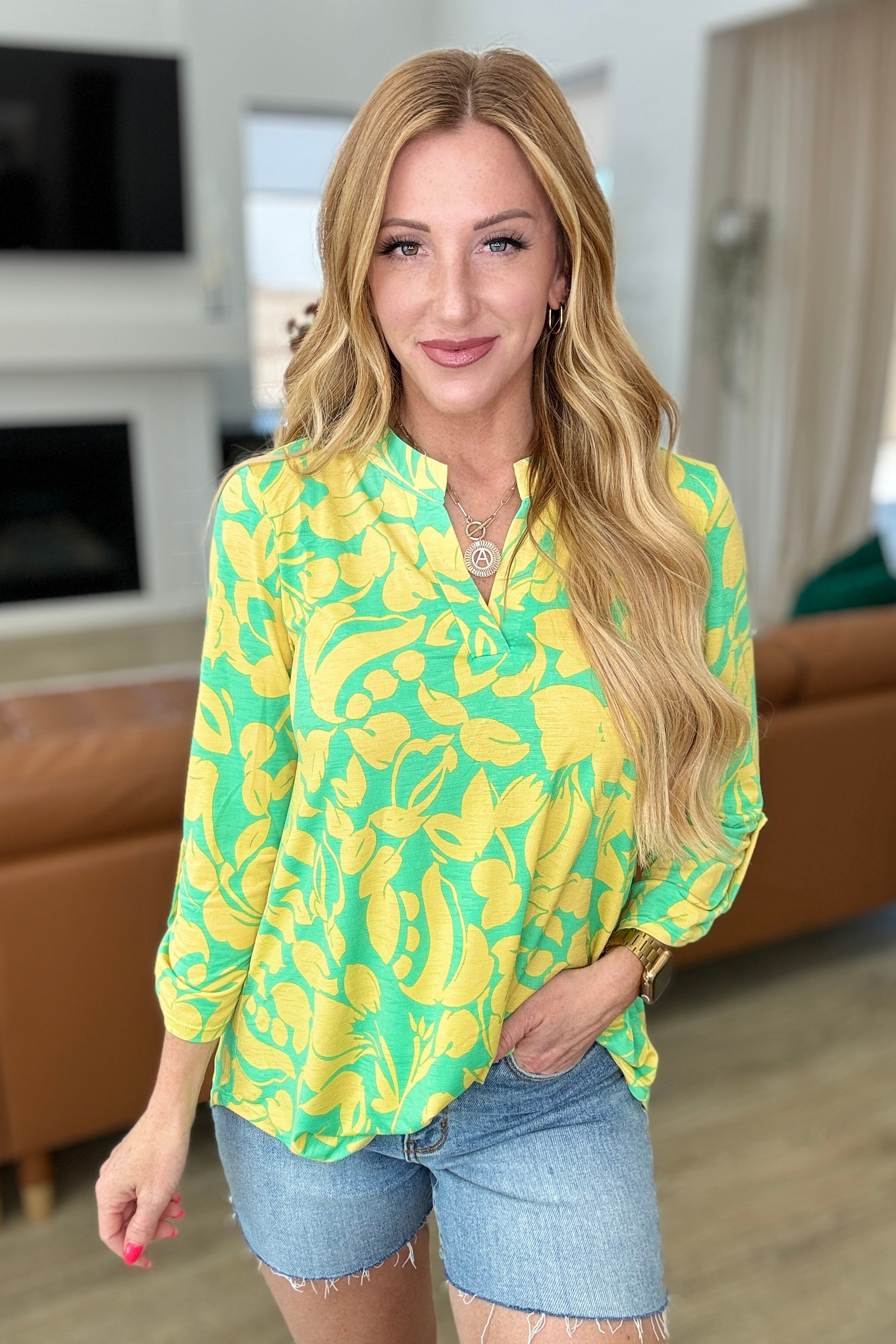 Lizzy Top in Kelly Green and Yellow Floral Tops Ave Shops   
