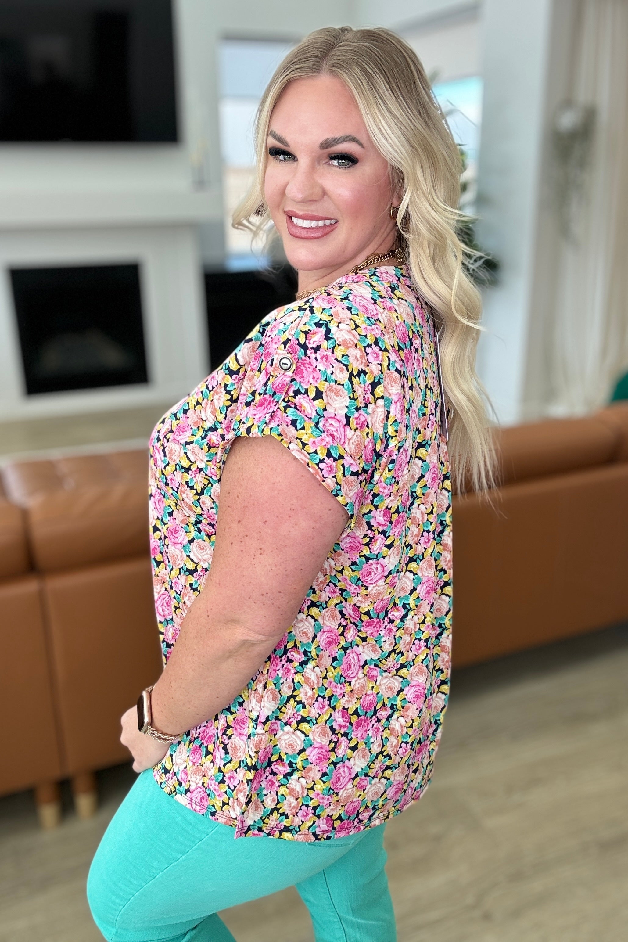 Lizzy Cap Sleeve Top in Navy and Rose Ditsy Floral Tops Ave Shops   