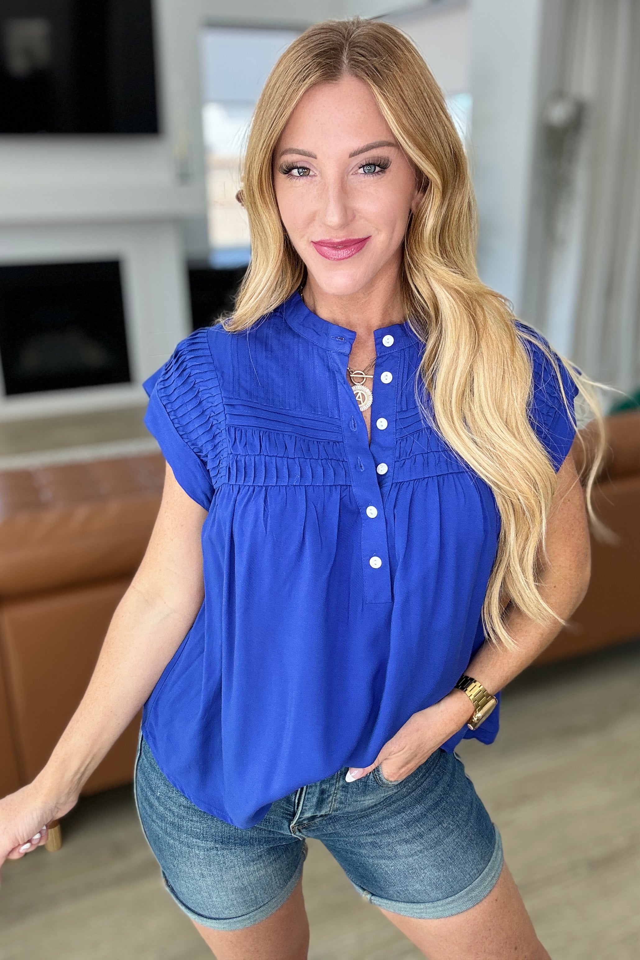 Pleat Detail Button Up Blouse in Royal Blue Tops Ave Shops   
