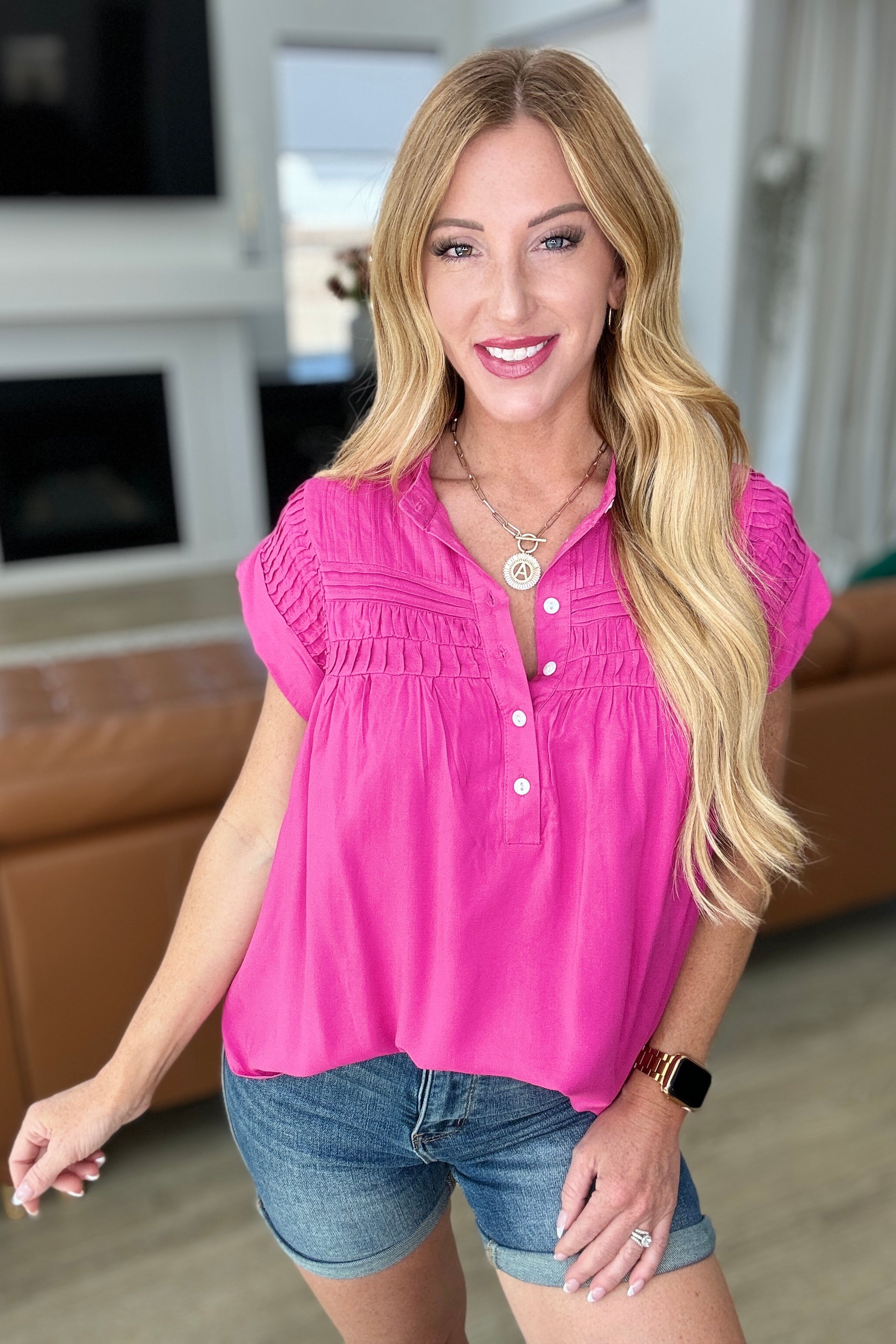 Pleat Detail Button Up Blouse in Hot Pink Tops Ave Shops   