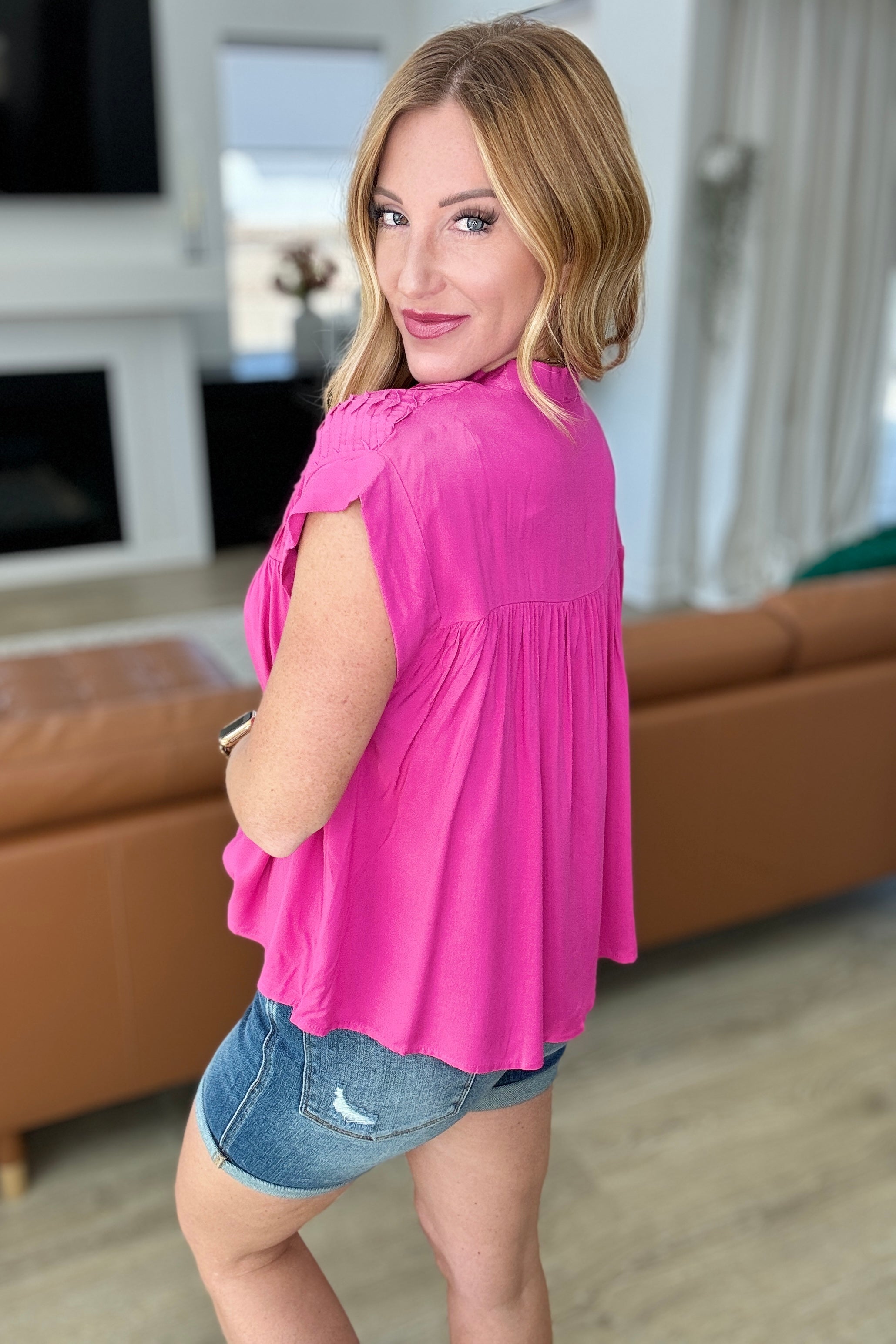 Pleat Detail Button Up Blouse in Hot Pink Tops Ave Shops   