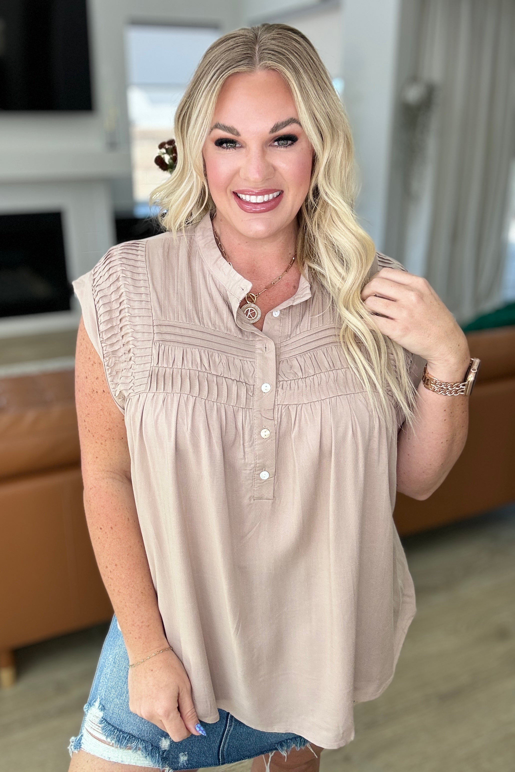Pleat Detail Button Up Blouse in Taupe Tops Ave Shops   