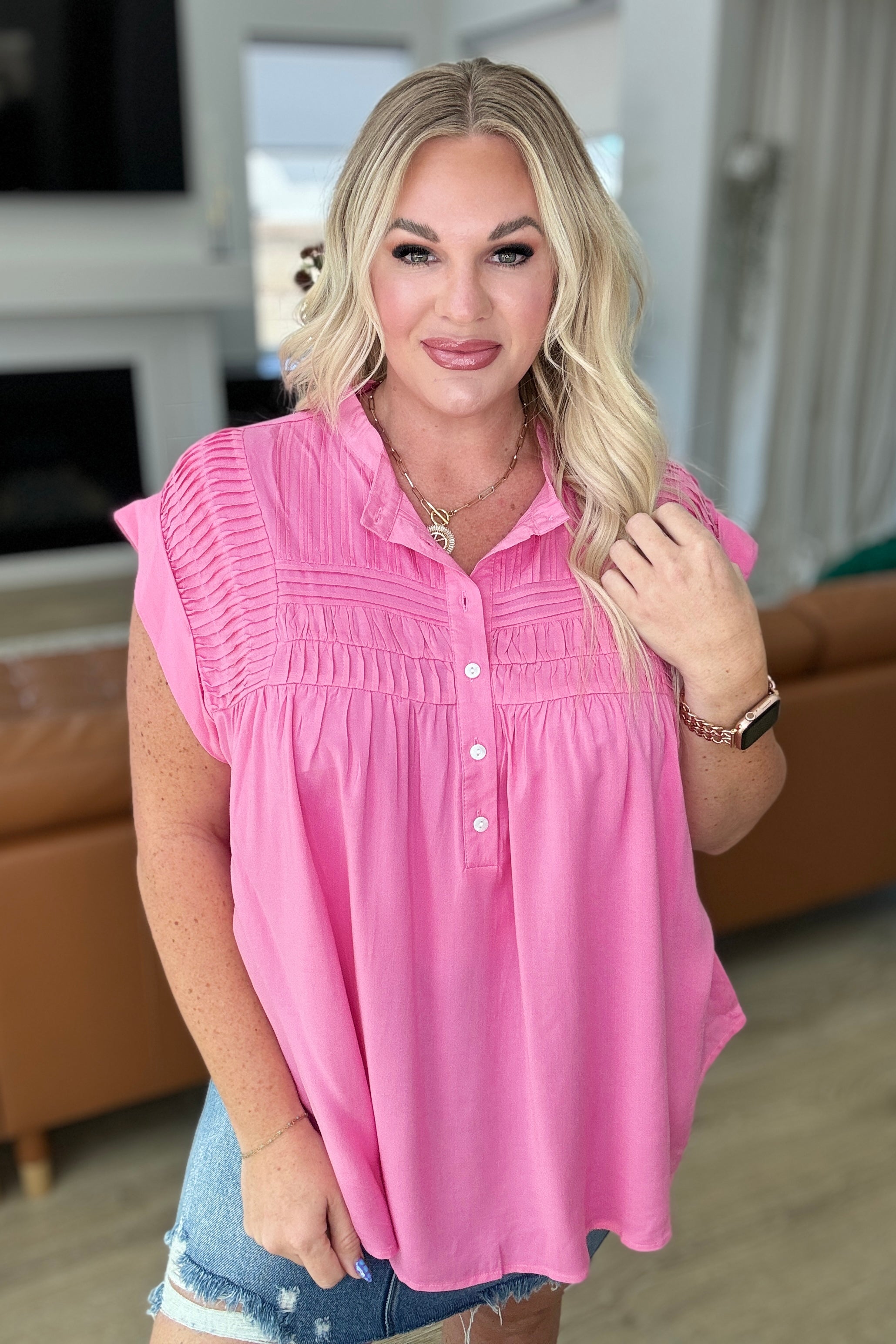 Pleat Detail Button Up Blouse in Pink Cosmos Tops Ave Shops   