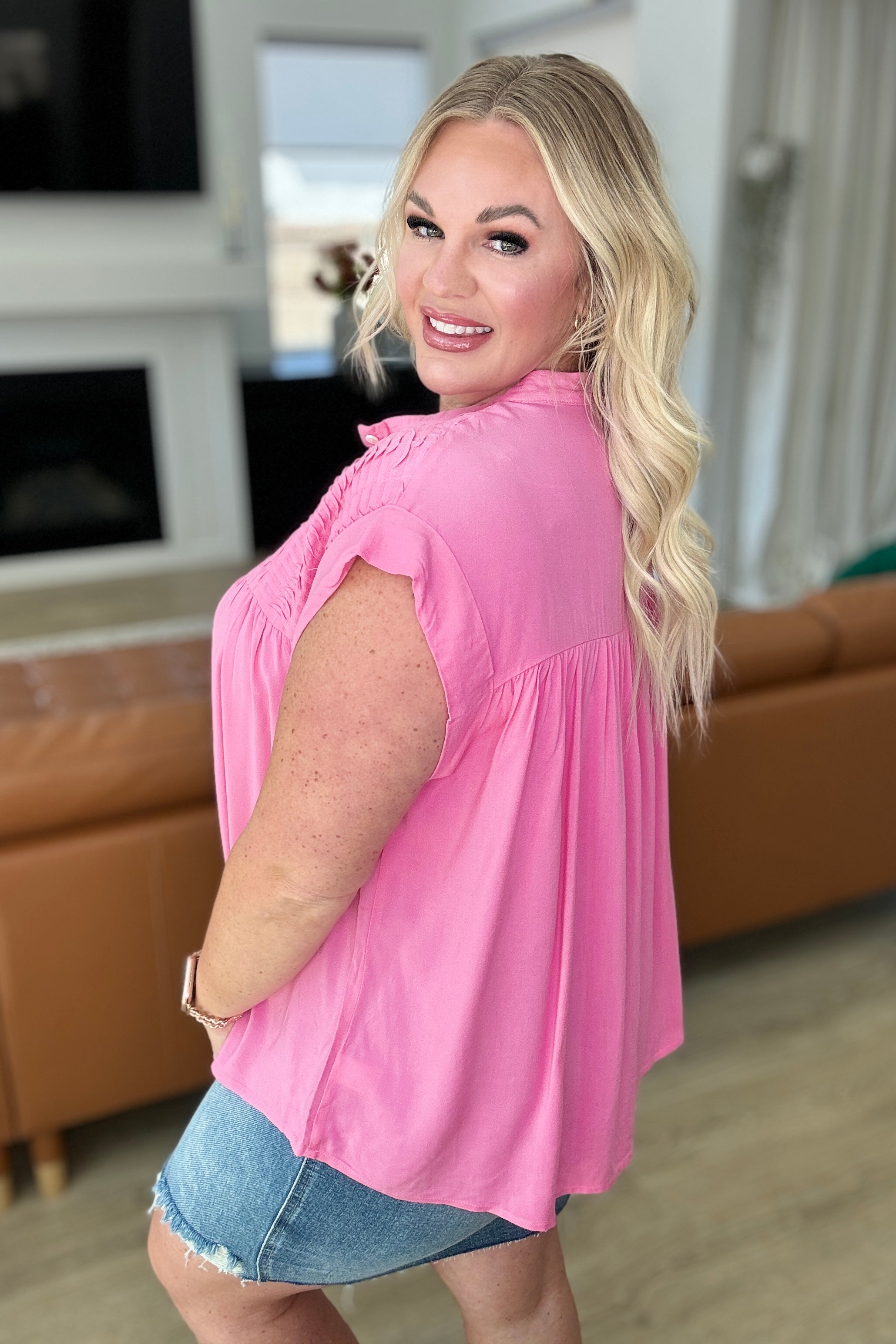 Pleat Detail Button Up Blouse in Pink Cosmos Tops Ave Shops   