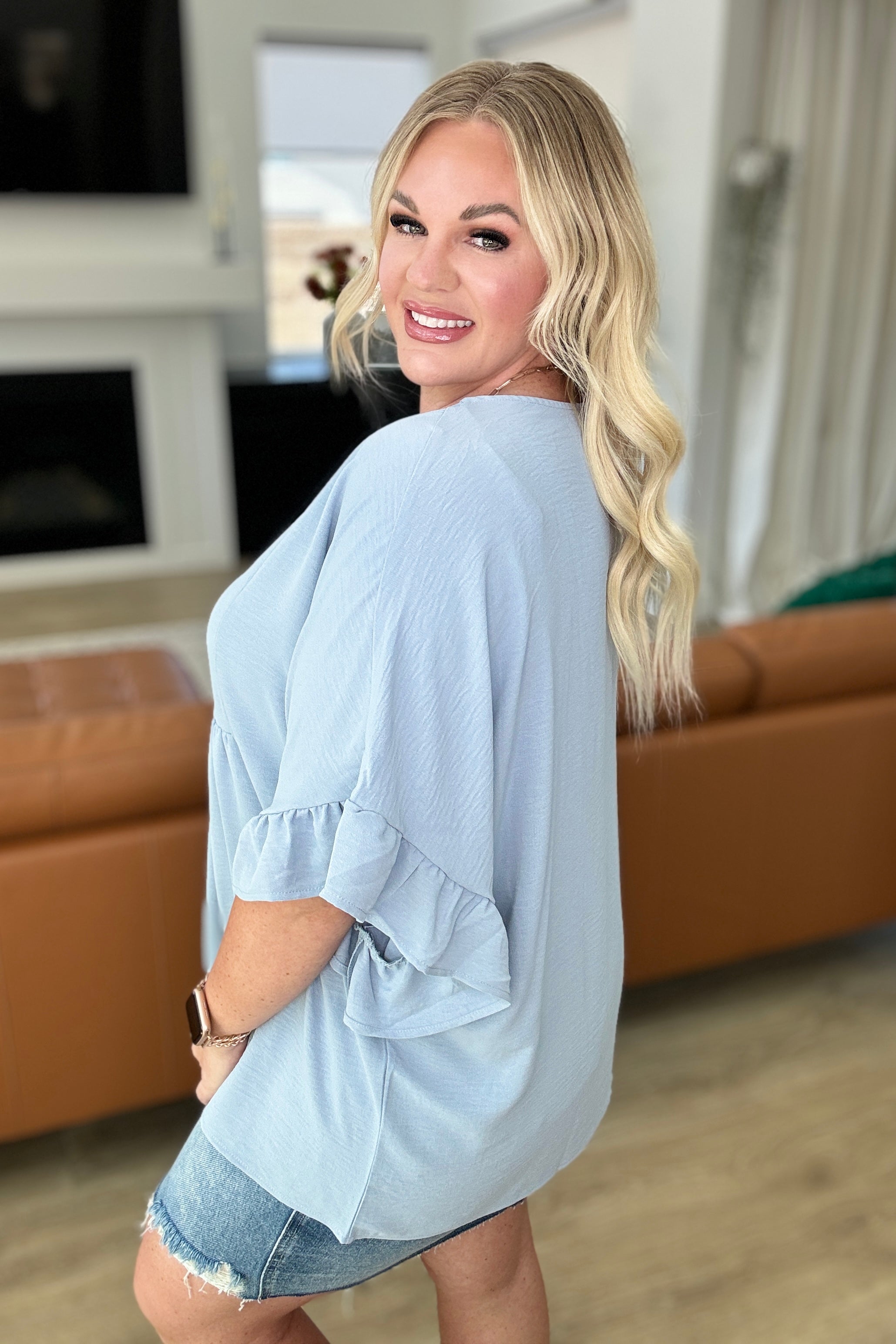 Airflow Peplum Ruffle Sleeve Top in Chambray Tops Ave Shops   