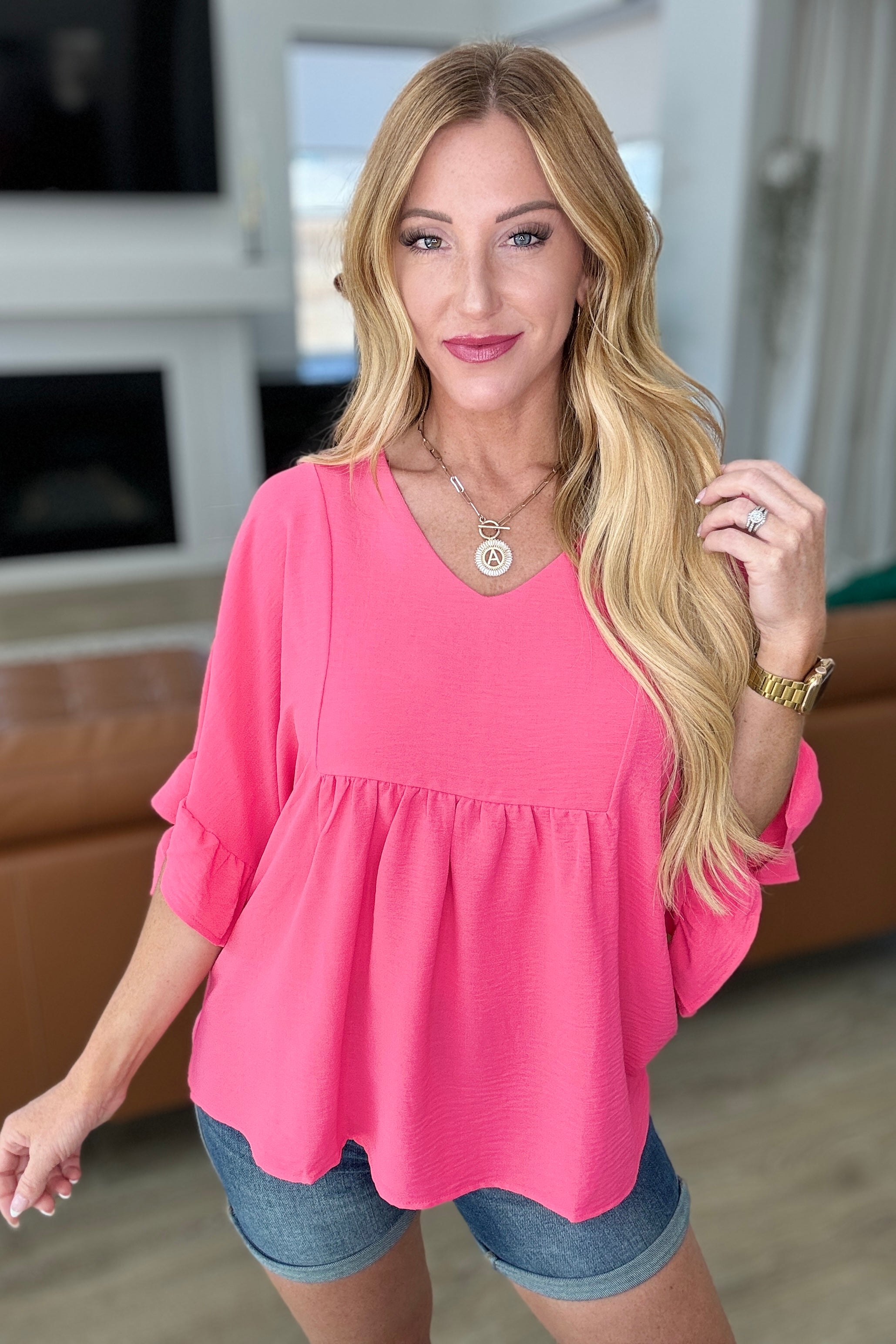 Airflow Peplum Ruffle Sleeve Top in Hot Pink Tops Ave Shops   
