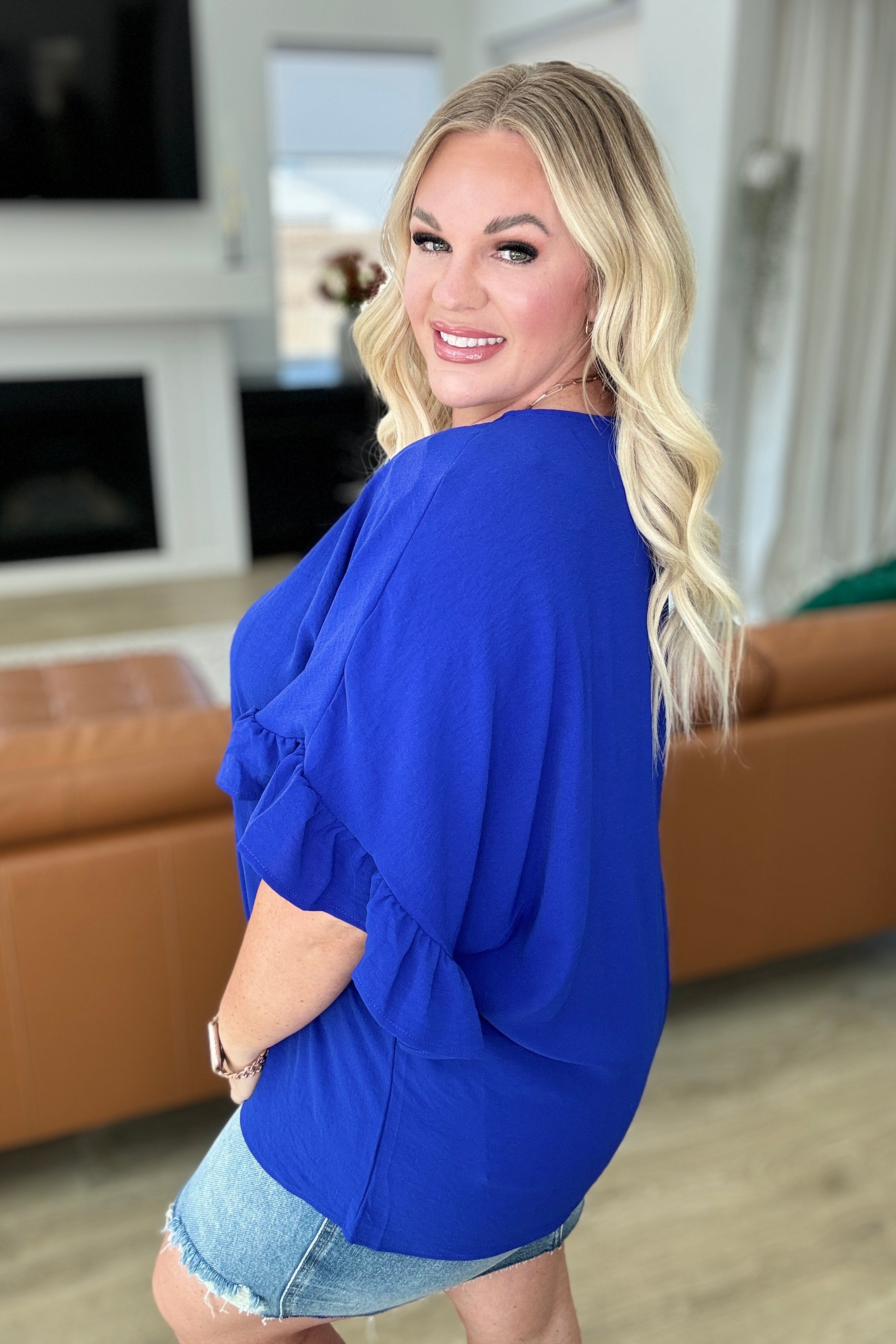 Airflow Peplum Ruffle Sleeve Top in Royal Blue Tops Ave Shops   