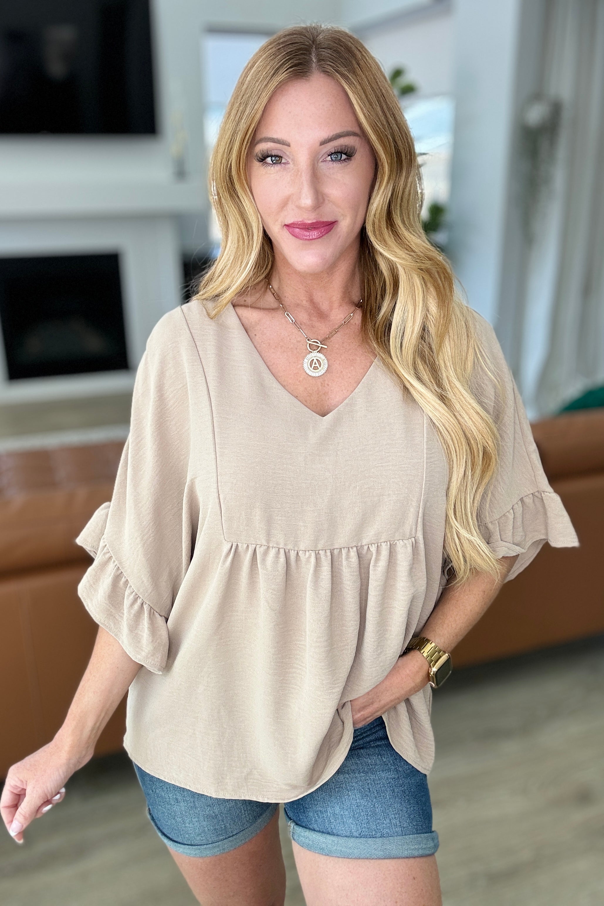 Airflow Peplum Ruffle Sleeve Top in Taupe Tops Ave Shops   