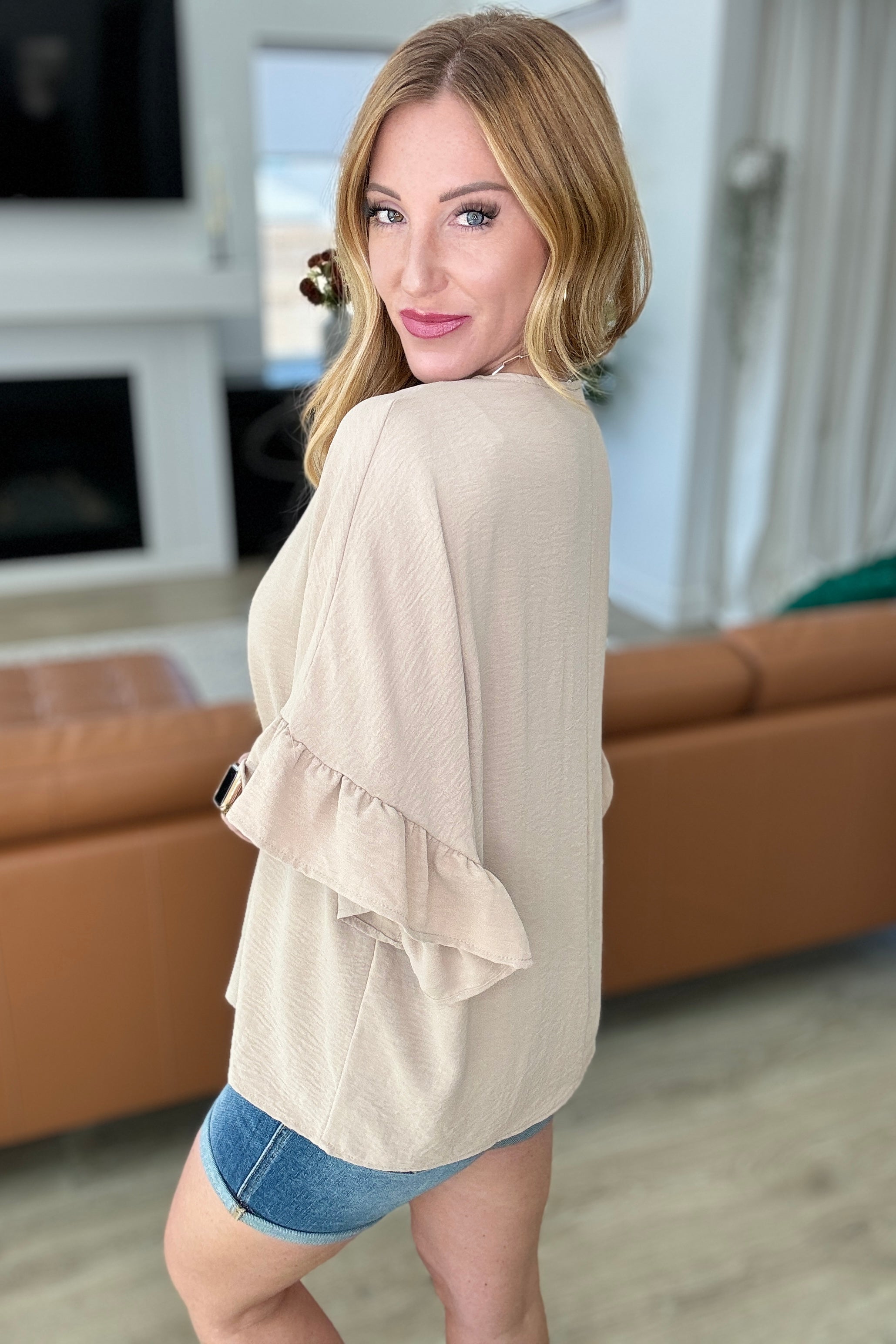 Airflow Peplum Ruffle Sleeve Top in Taupe Tops Ave Shops   