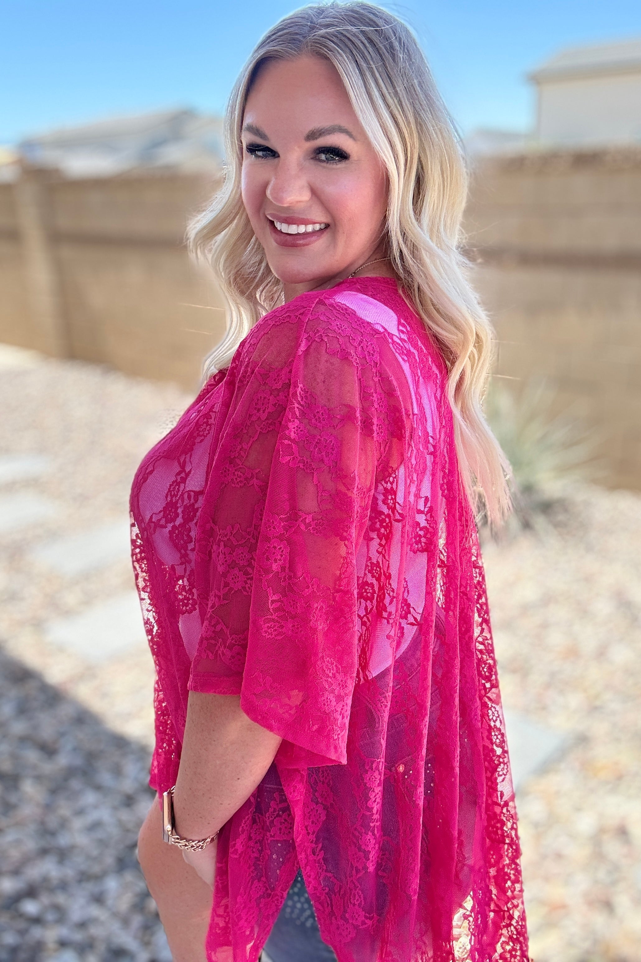 Good Days Ahead Lace Kimono In Fuchsia Layers Ave Shops   