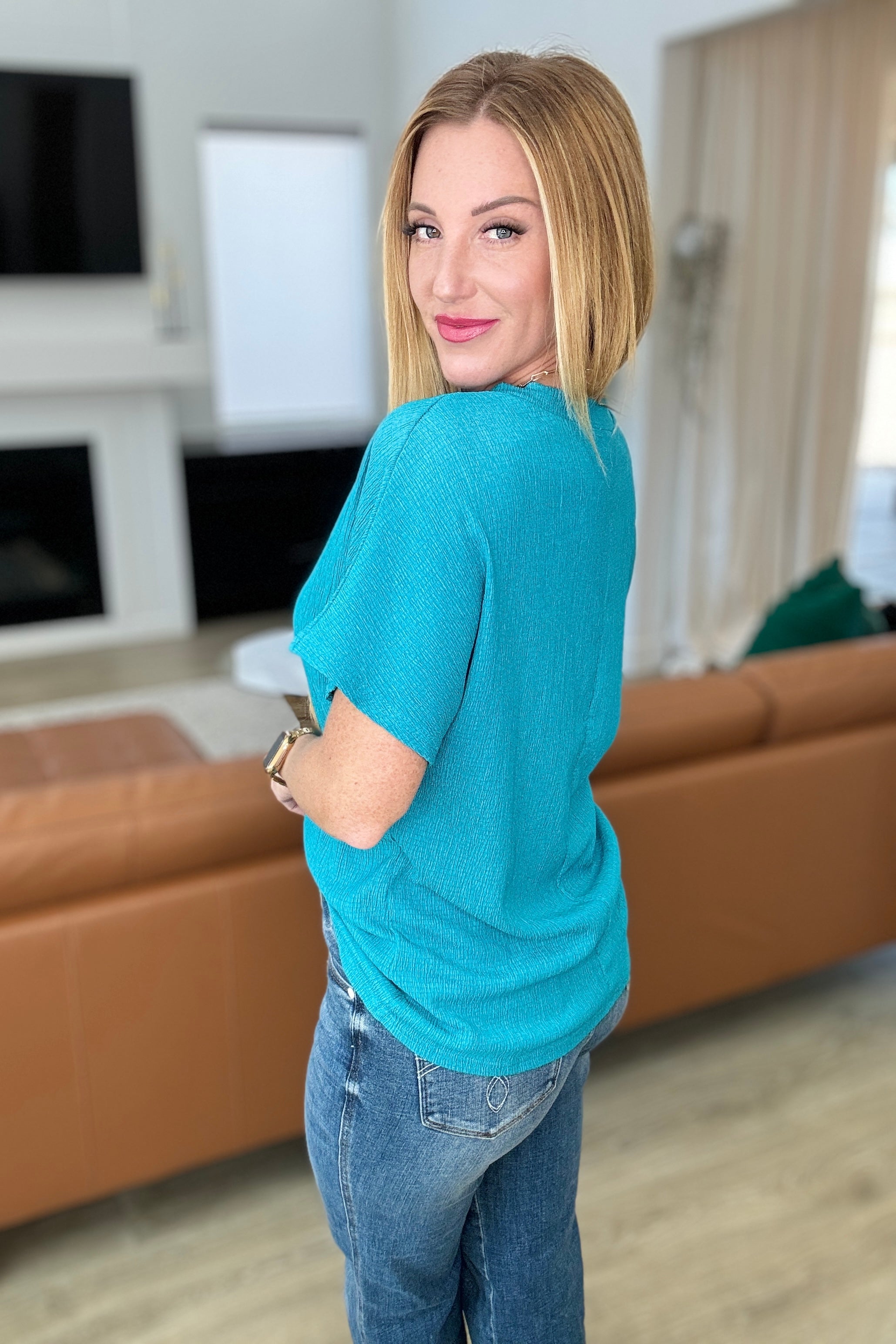 Trial and Error Textured V-Neck Blouse in Teal Tops Ave Shops   