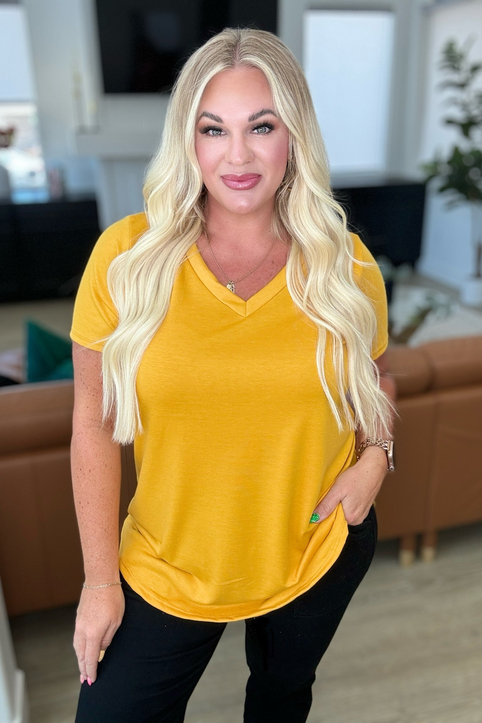 Heart and Soul V-Neck Top in Mustard Tops Ave Shops   