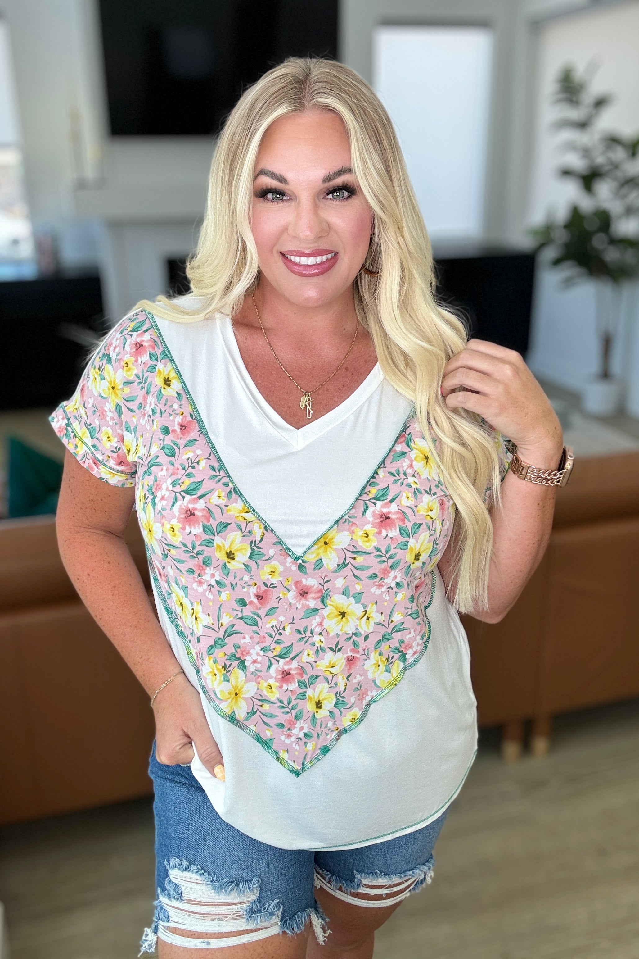 To Rock a Rhyme Color Block Top in Pink Floral Tops Ave Shops   