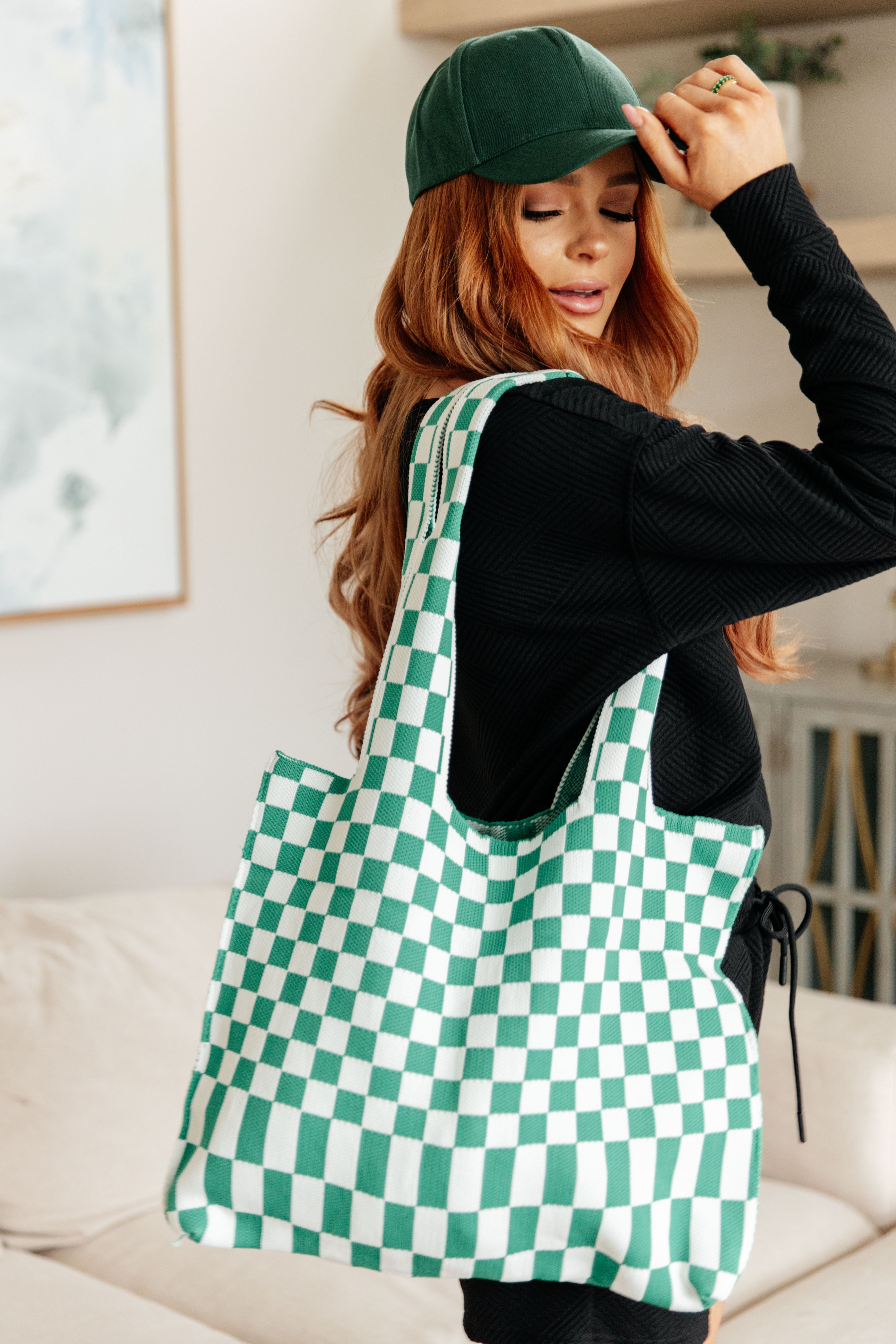 Checkerboard Lazy Wind Big Bag in Green & White Womens Ave Shops   