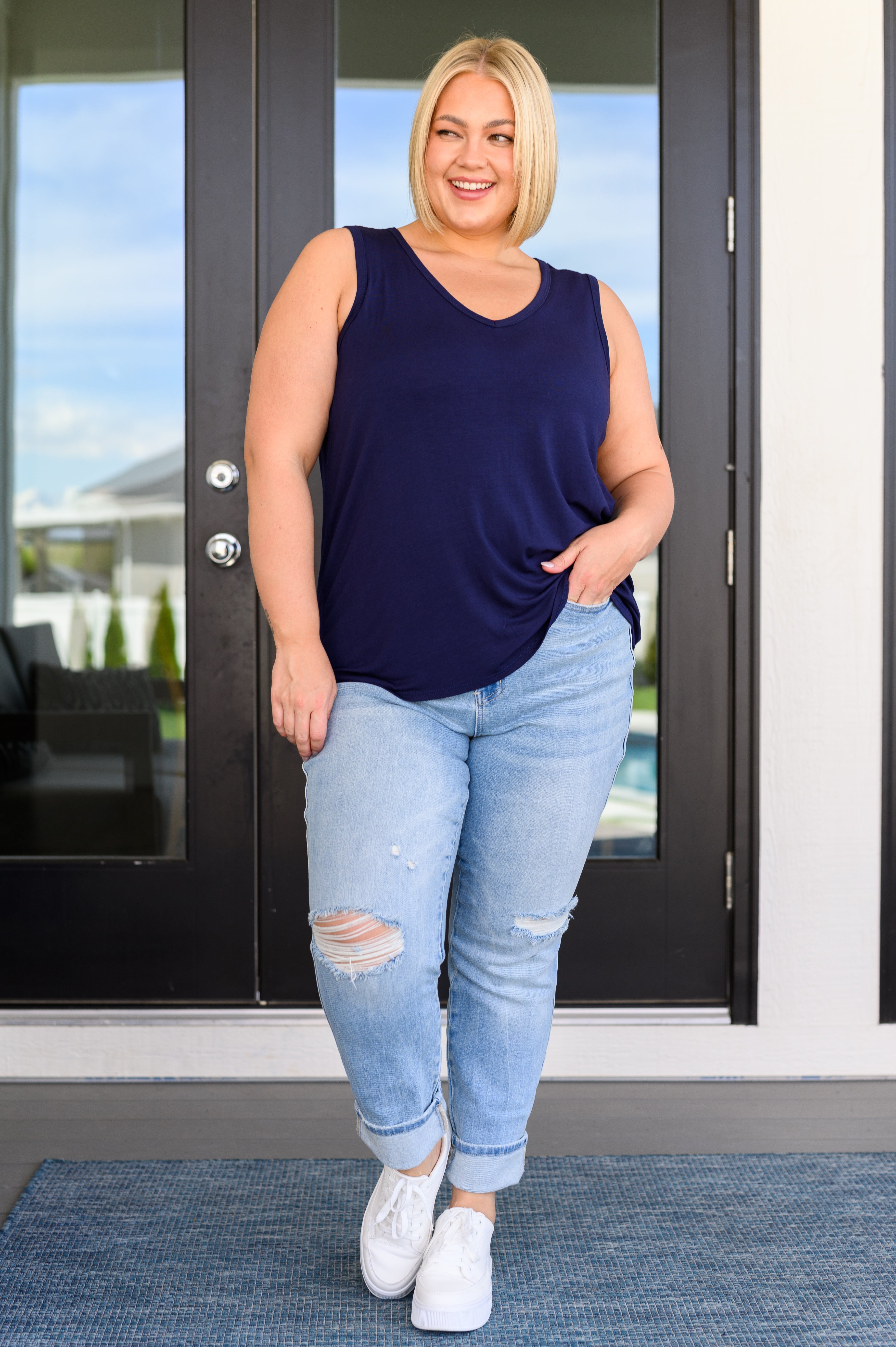 Land of the Free Tank in Navy Tops Ave Shops   