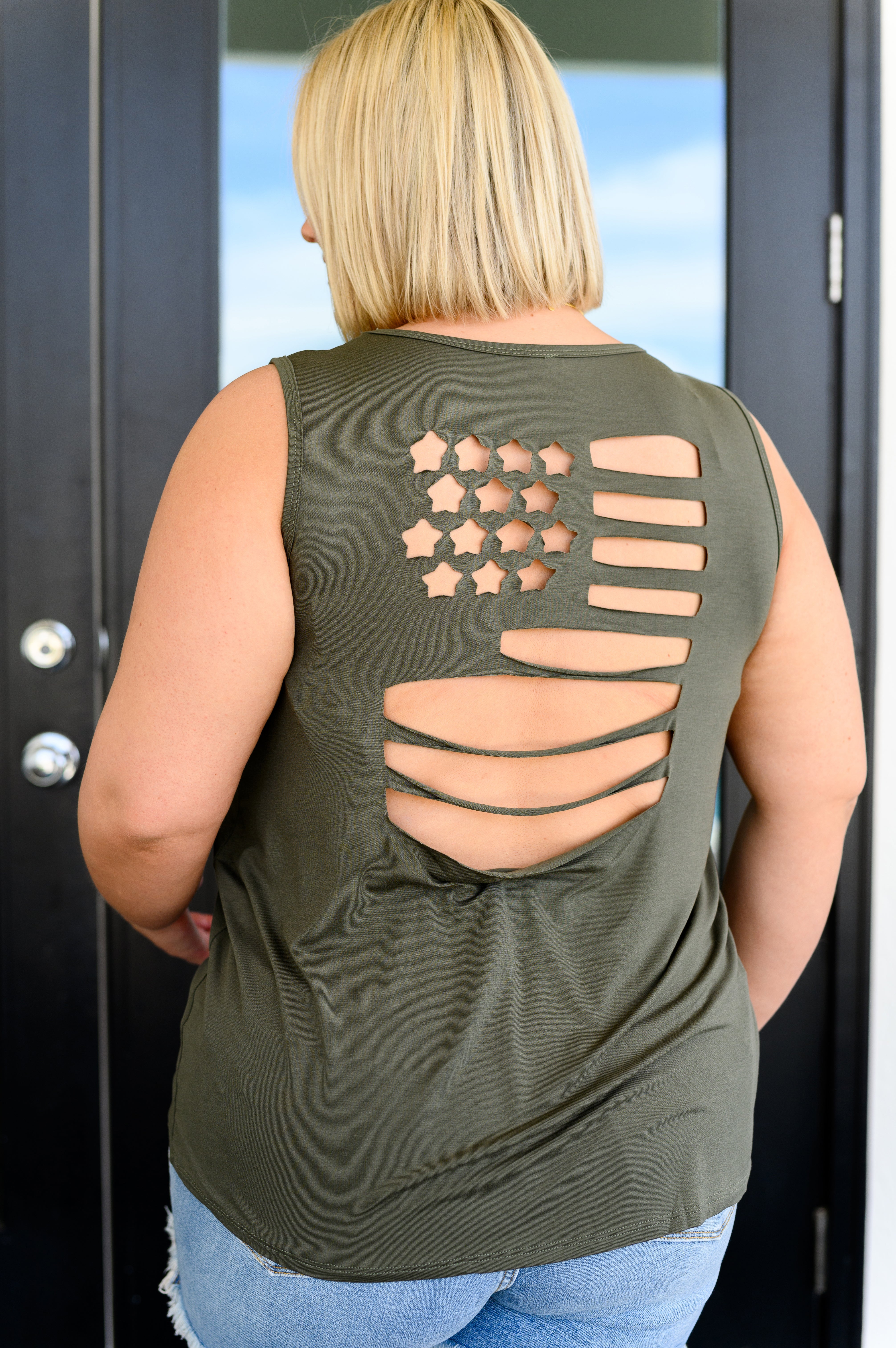 Land of the Free Tank in Olive Tops Ave Shops   