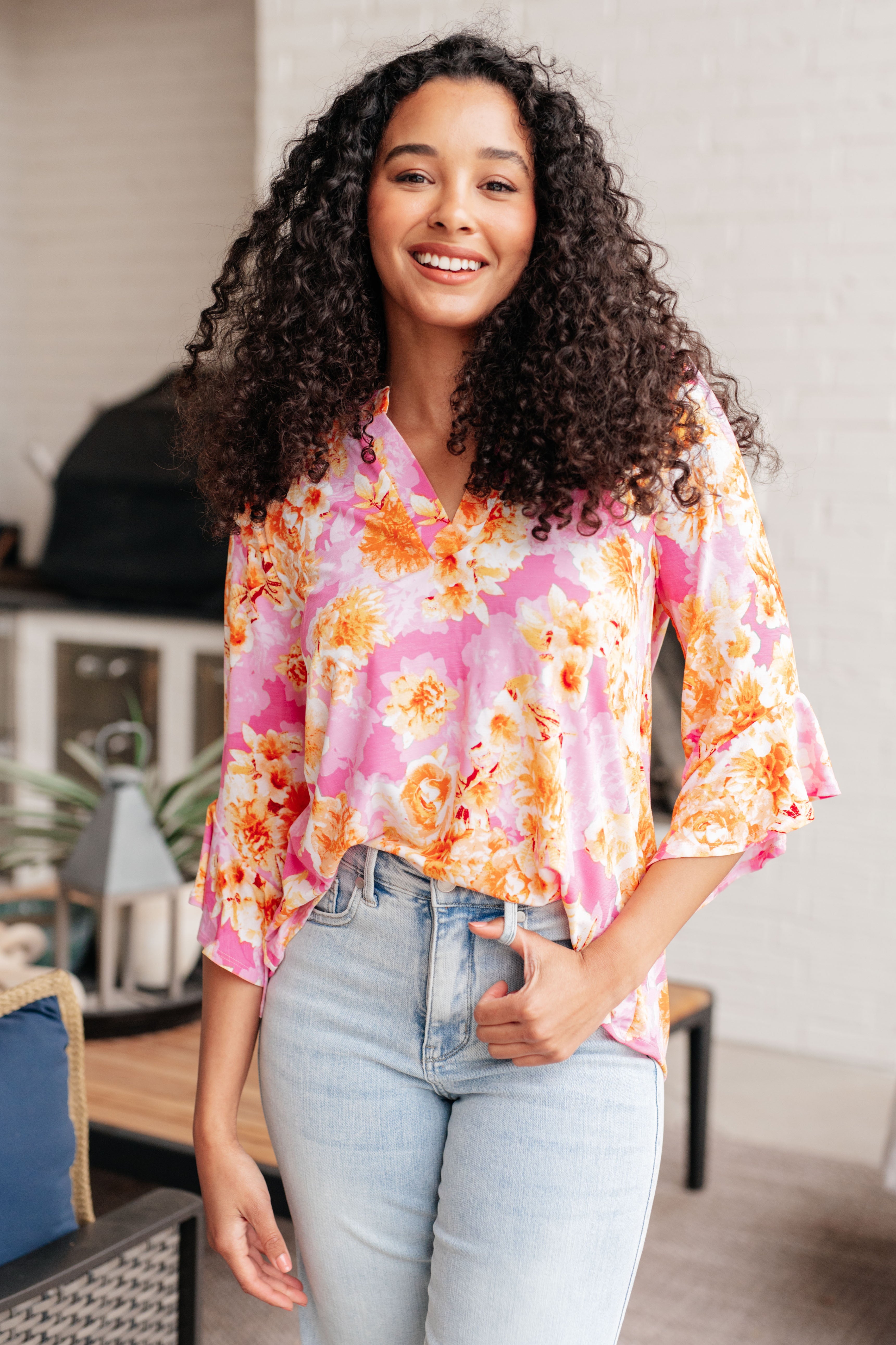 Lizzy Bell Sleeve Top in Pink and Gold Floral Tops Ave Shops   