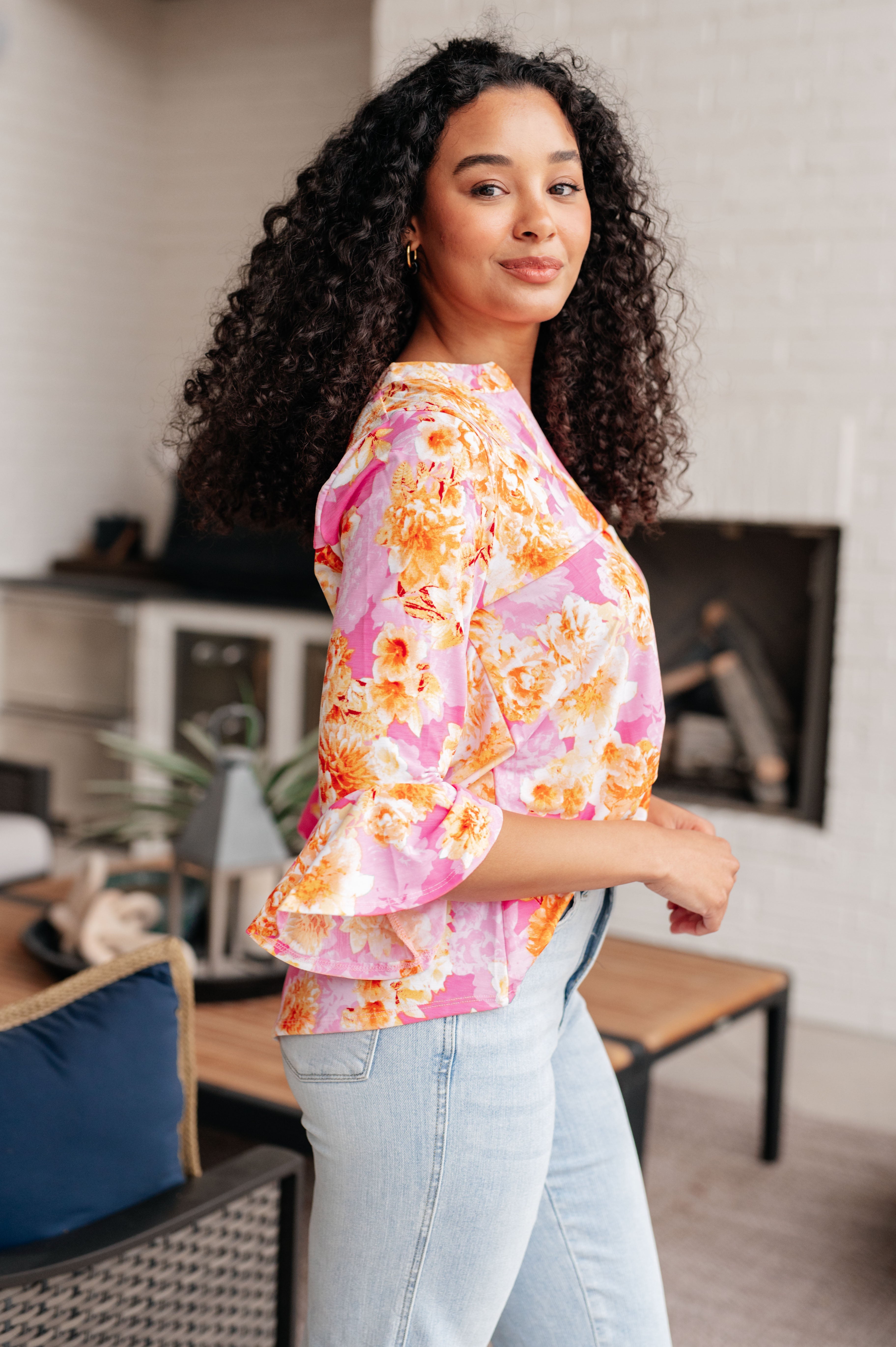 Lizzy Bell Sleeve Top in Pink and Gold Floral Tops Ave Shops   