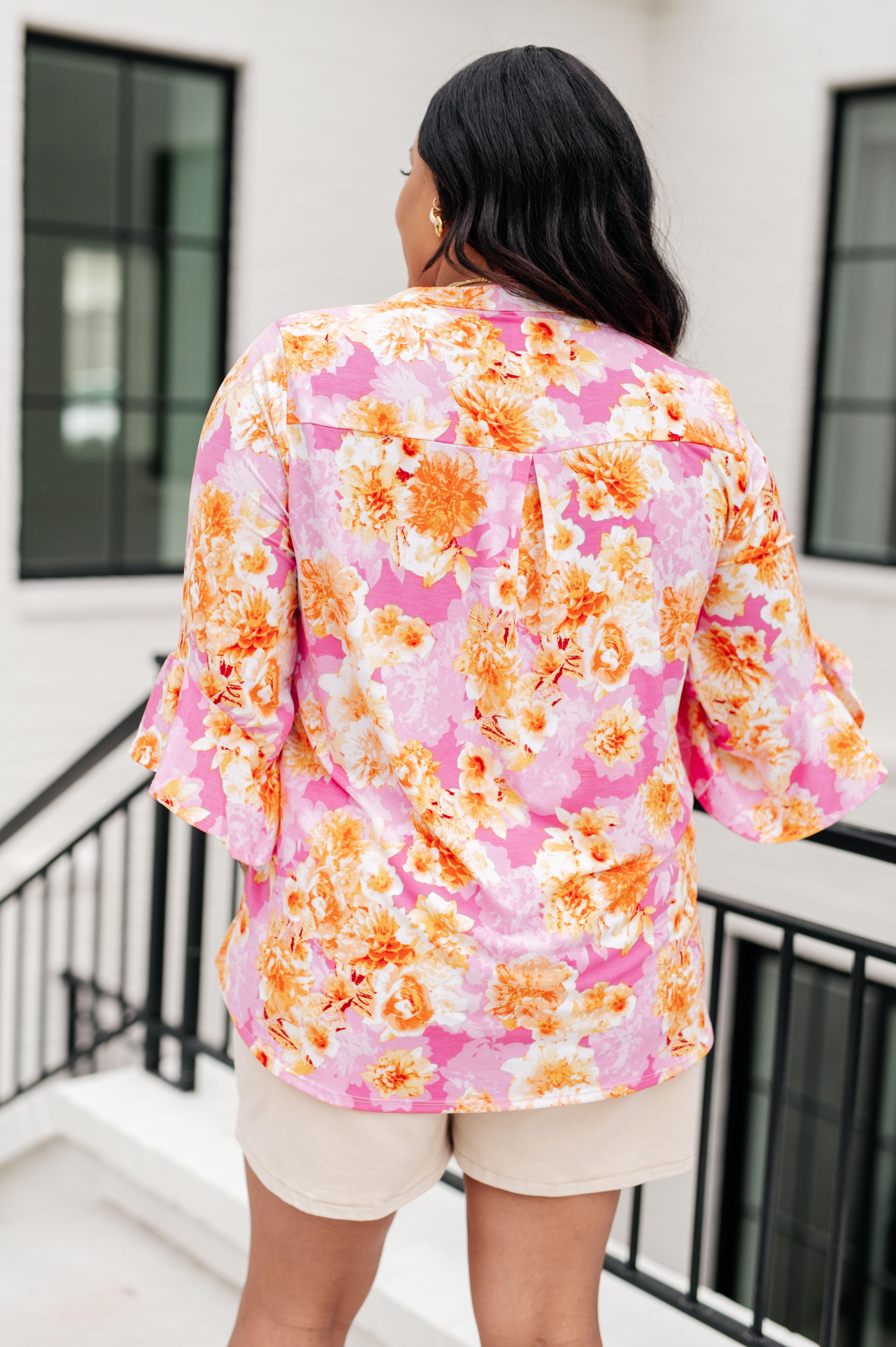 Lizzy Bell Sleeve Top in Pink and Gold Floral Tops Ave Shops   