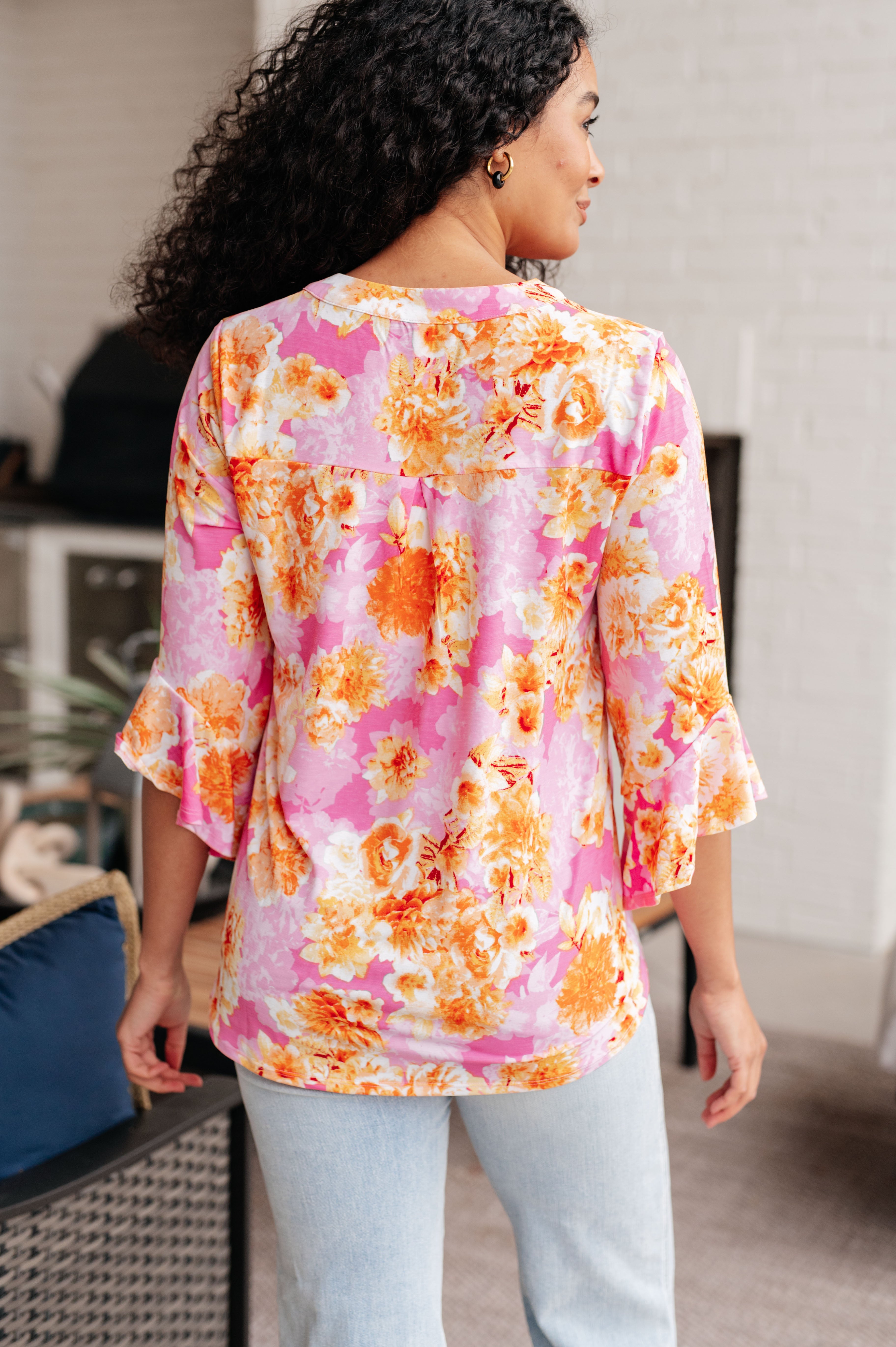 Lizzy Bell Sleeve Top in Pink and Gold Floral Tops Ave Shops   