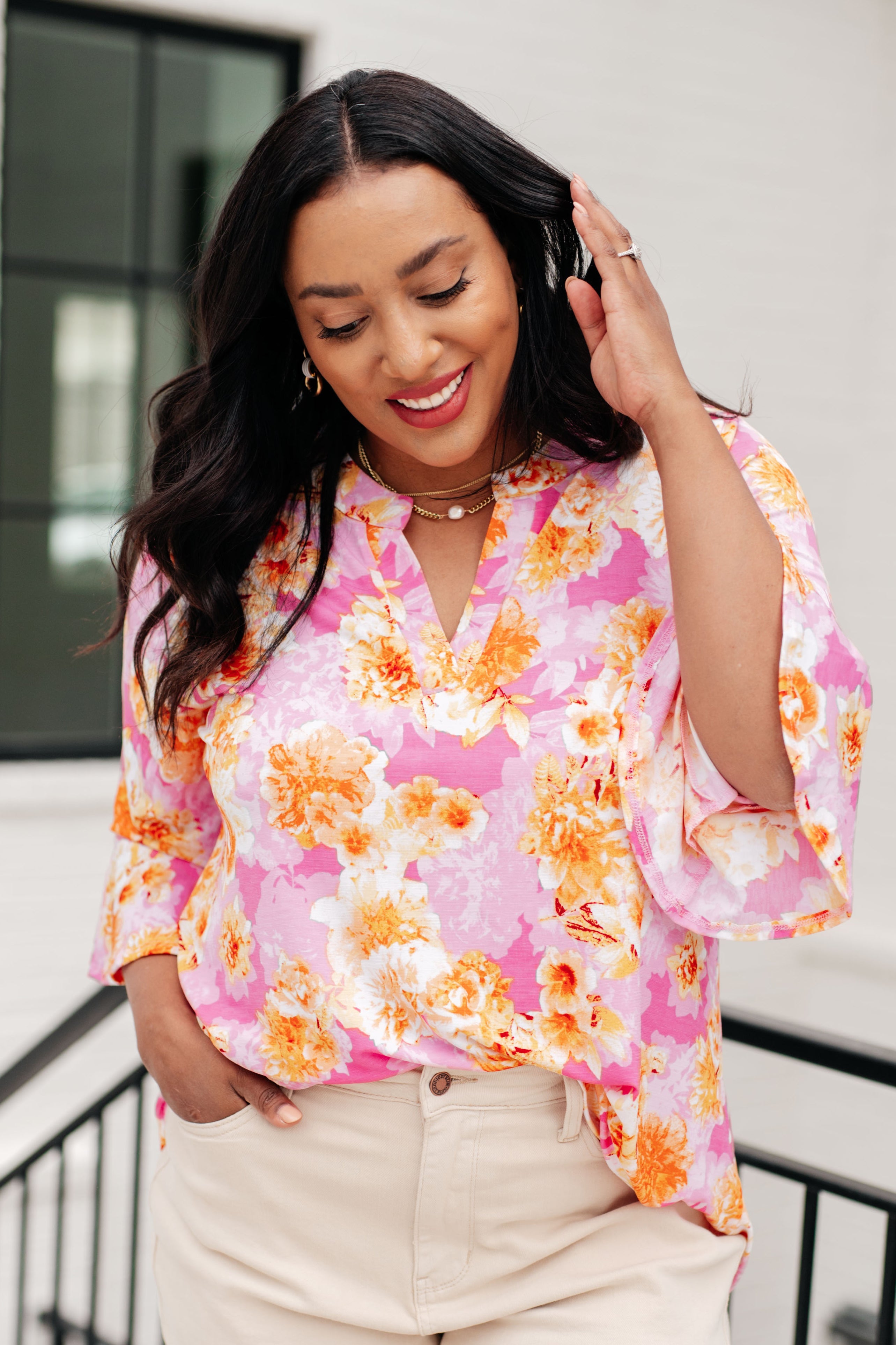 Lizzy Bell Sleeve Top in Pink and Gold Floral Tops Ave Shops   