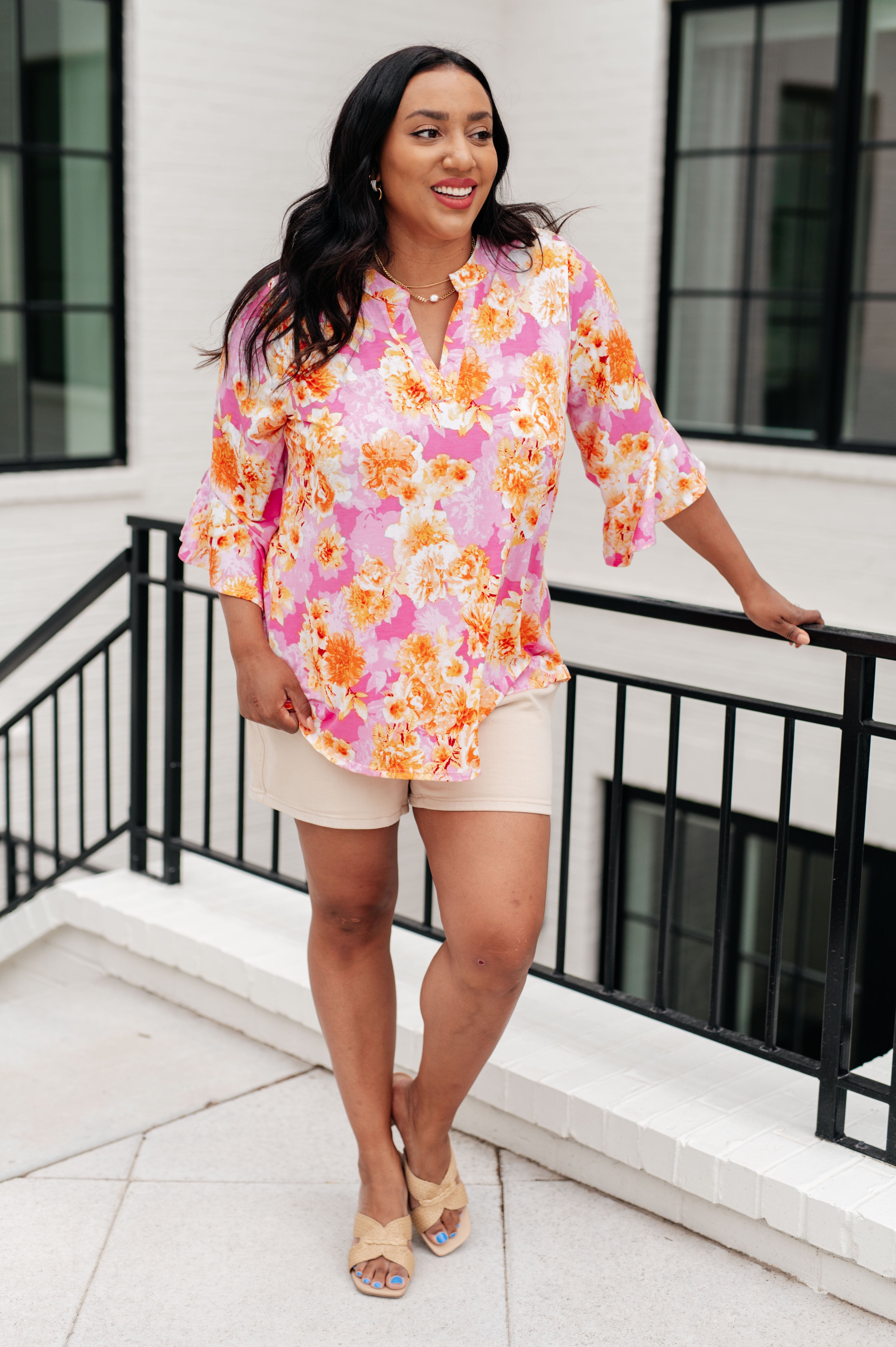 Lizzy Bell Sleeve Top in Pink and Gold Floral Tops Ave Shops   