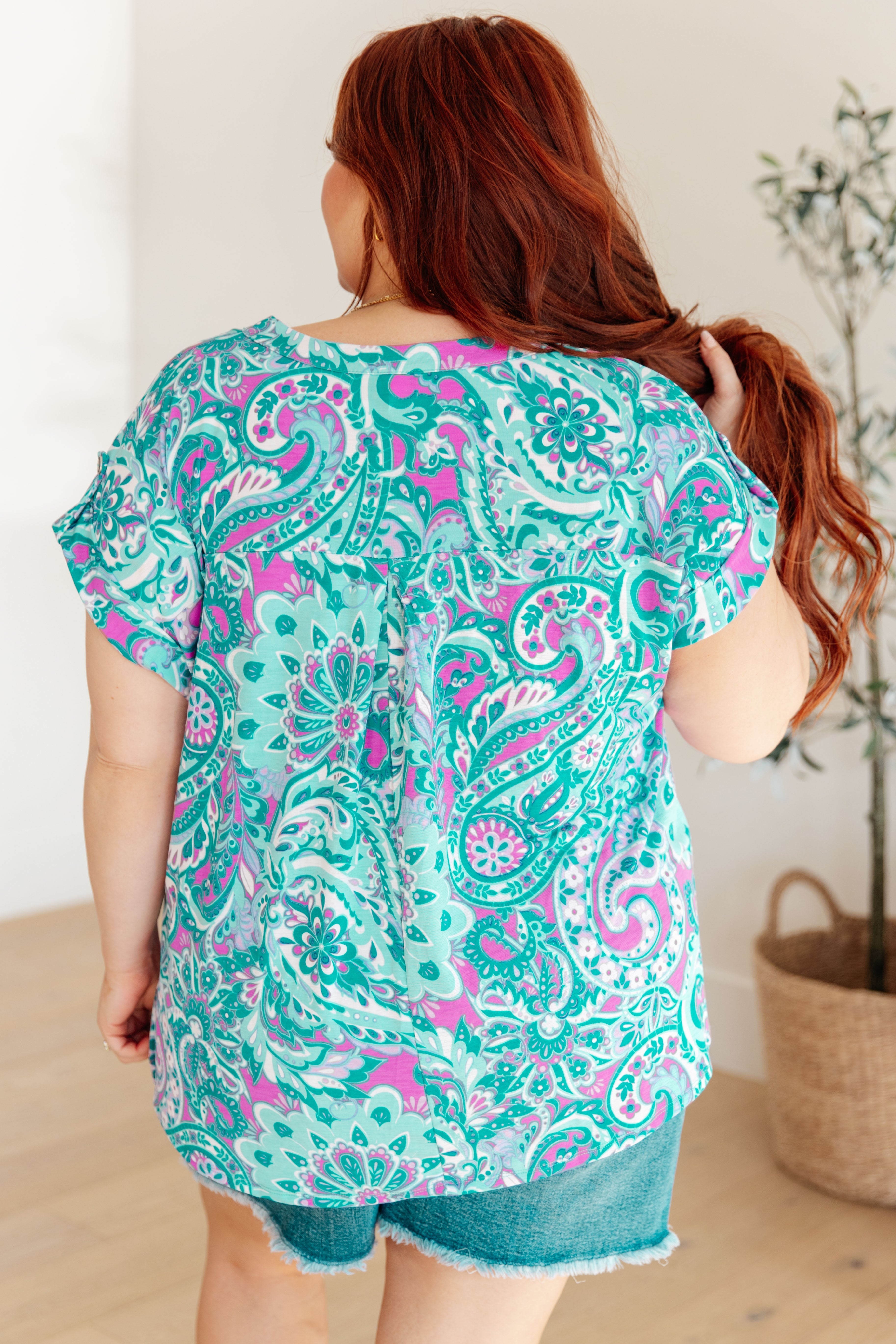 Lizzy Cap Sleeve Top in Magenta and Teal Paisley Womens Ave Shops   