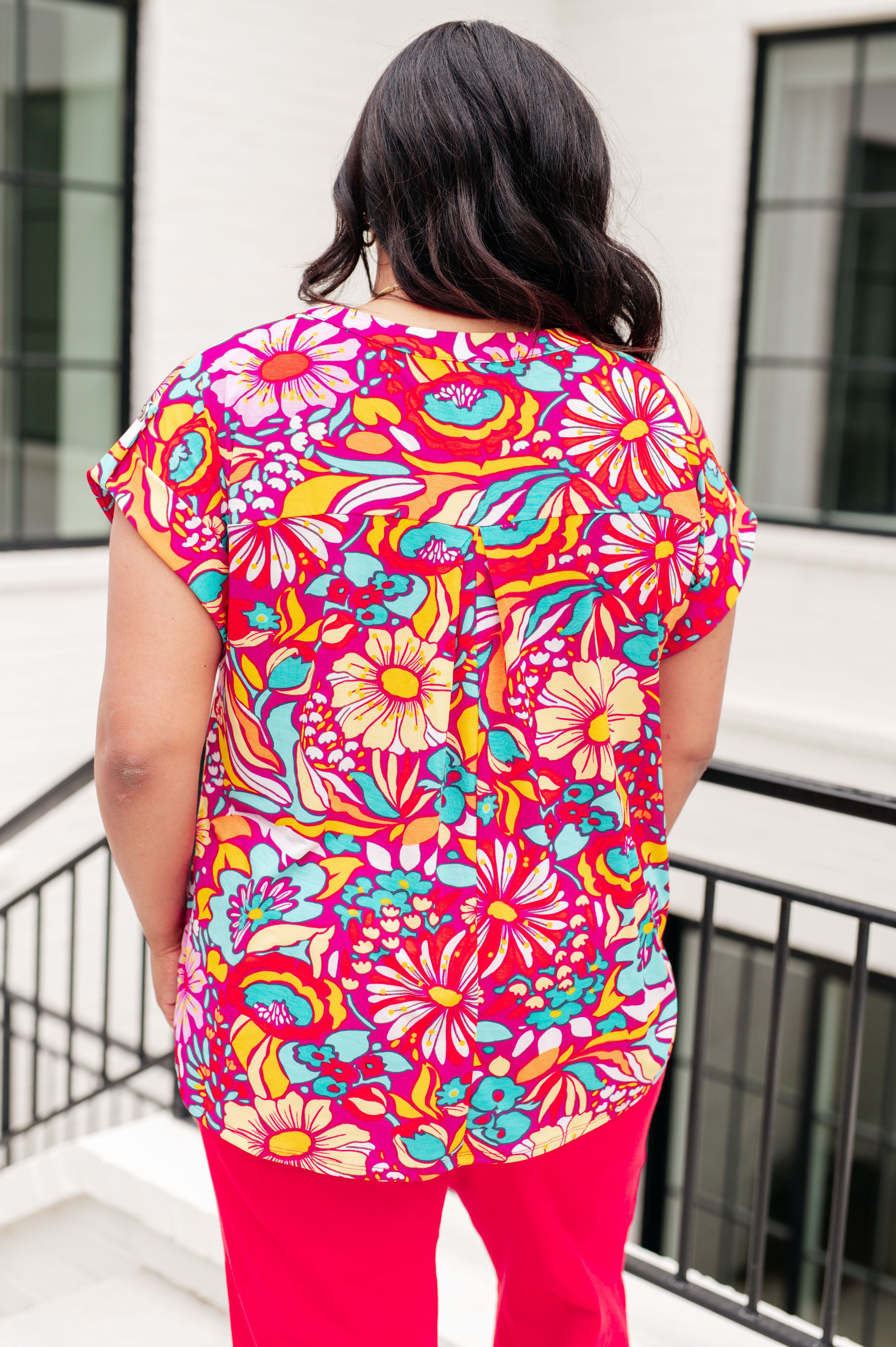 Lizzy Cap Sleeve Top Magenta and Pink Multi Floral Tops Ave Shops   