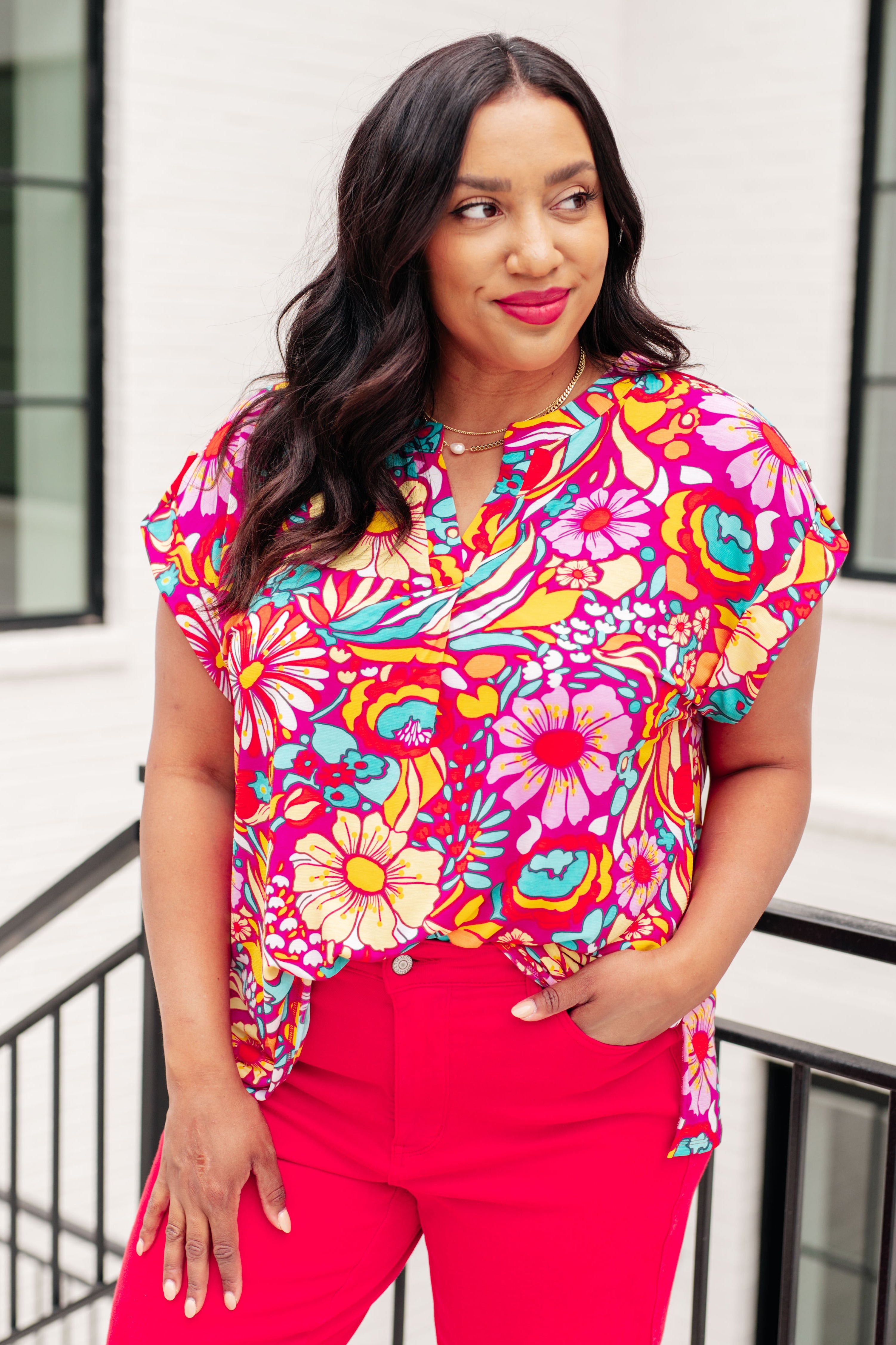 Lizzy Cap Sleeve Top Magenta and Pink Multi Floral Tops Ave Shops   