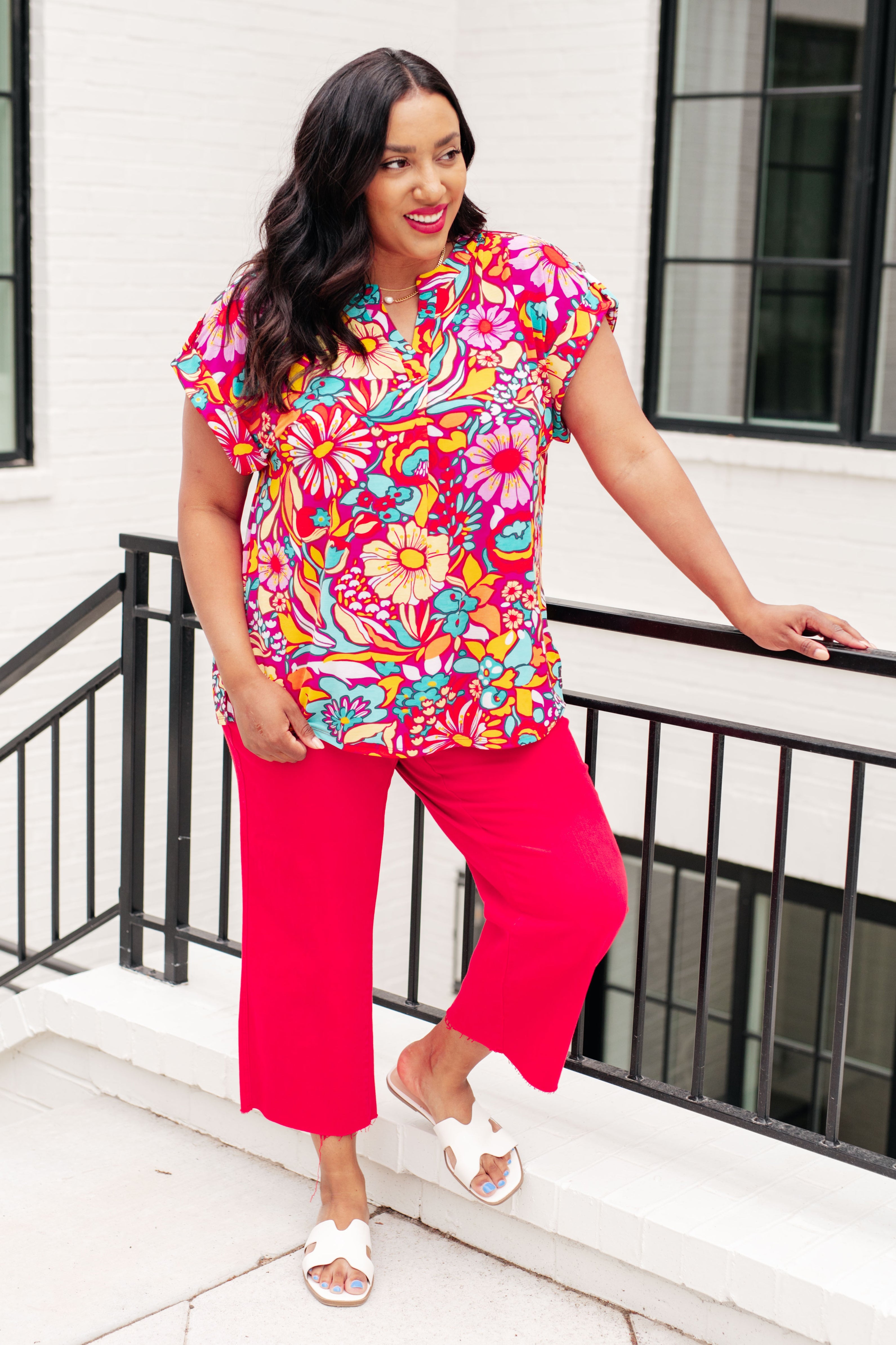 Lizzy Cap Sleeve Top Magenta and Pink Multi Floral Tops Ave Shops   