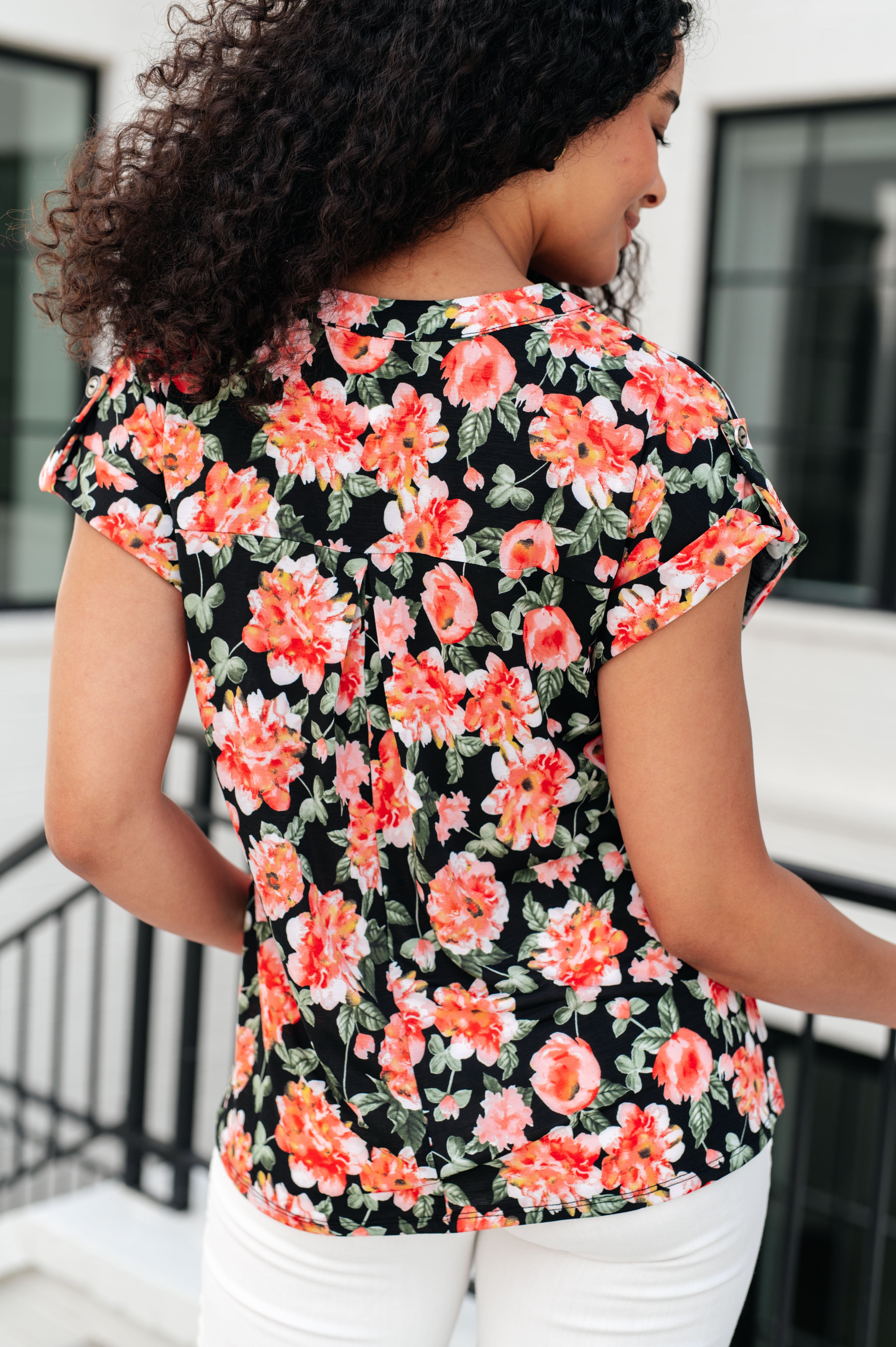 Lizzy Cap Sleeve Top in Black and Coral Floral Tops Ave Shops   